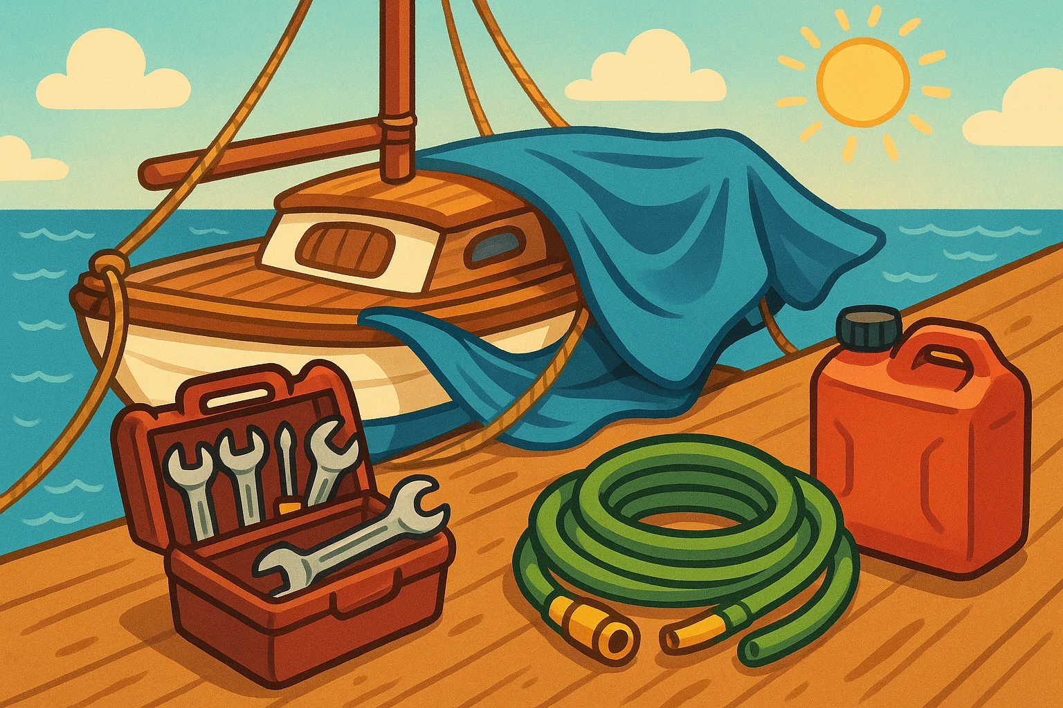 A maintenance scene featuring an assortment of boat supplies: a toolbox with various wrenches, a marine-grade hose coiled next to a portable fuel container, and a durable tarp partially covering a polished wooden deck of a docked sailboat under the bright afternoon sun.