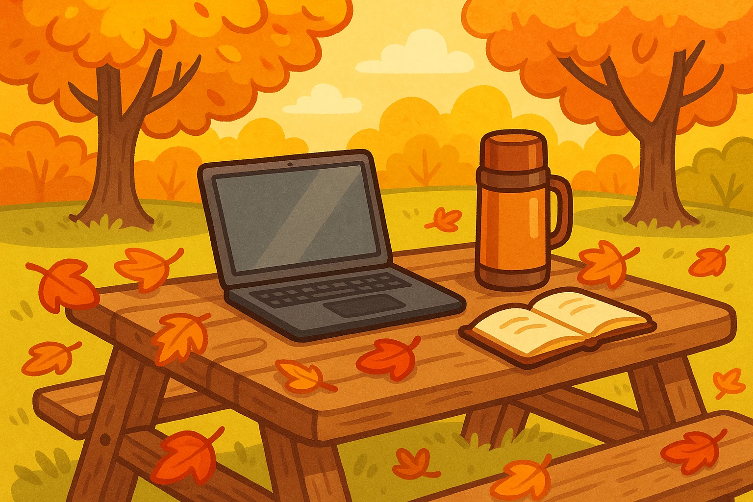 A sleek laptop rests on a rustic wooden picnic table in a sunlit park, surrounded by vibrant autumn leaves, with a thermos of coffee and an open notebook beside it.
