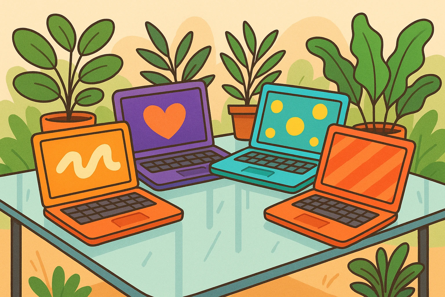 A collection of laptops displayed on a sleek glass table, each showcasing different vibrant colors and designs, against a backdrop of green potted plants that add a touch of nature to the modern tech environment.