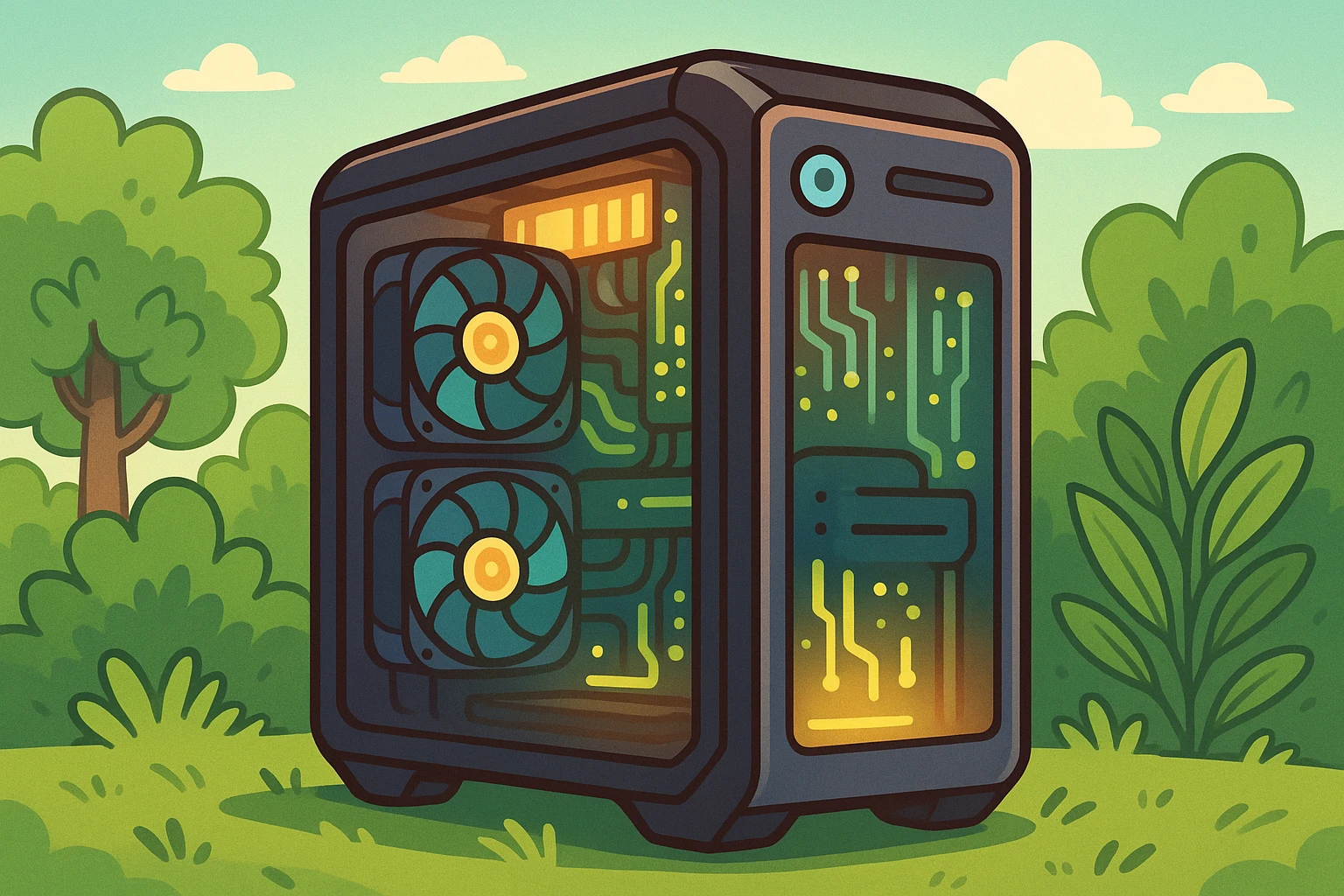 A sleek, high-performance desktop computer tower with transparent panels showcases glowing internal components and cooling fans, set against a backdrop of lush greenery, highlighting its power and sustainability in the digital age.