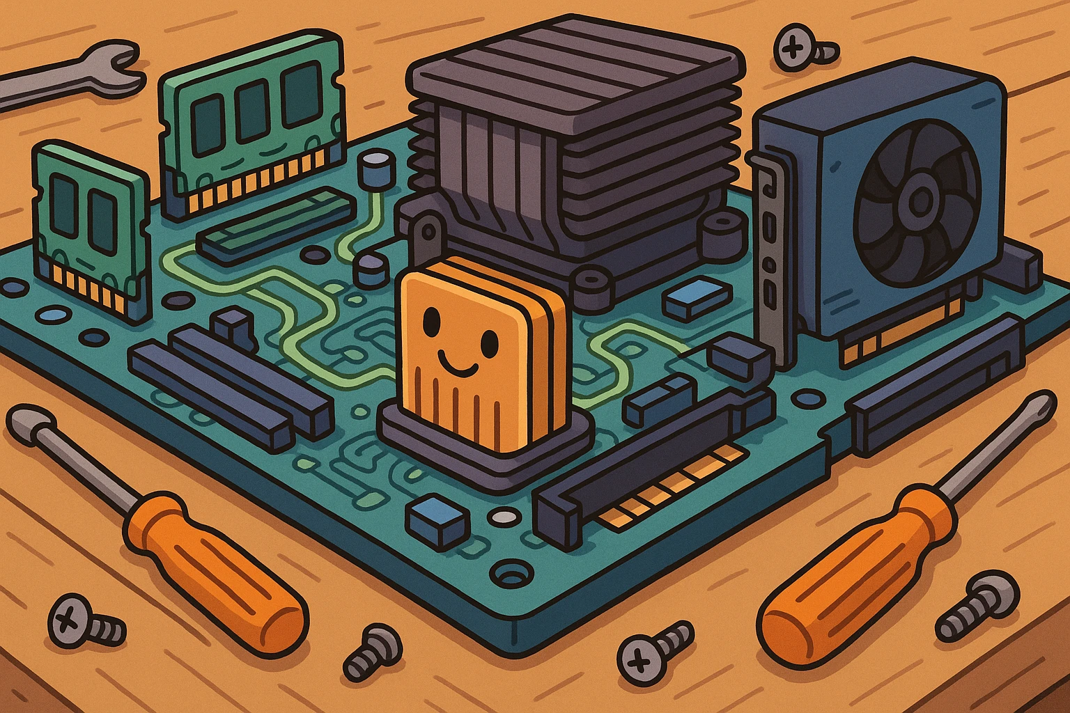 A close-up shot of a powerful desktop computer motherboard, highlighting the intricate circuitry and massive heat sinks, surrounded by various high-end components such as RAM sticks and a graphics card, set on a wooden workbench with tools scattered around.
