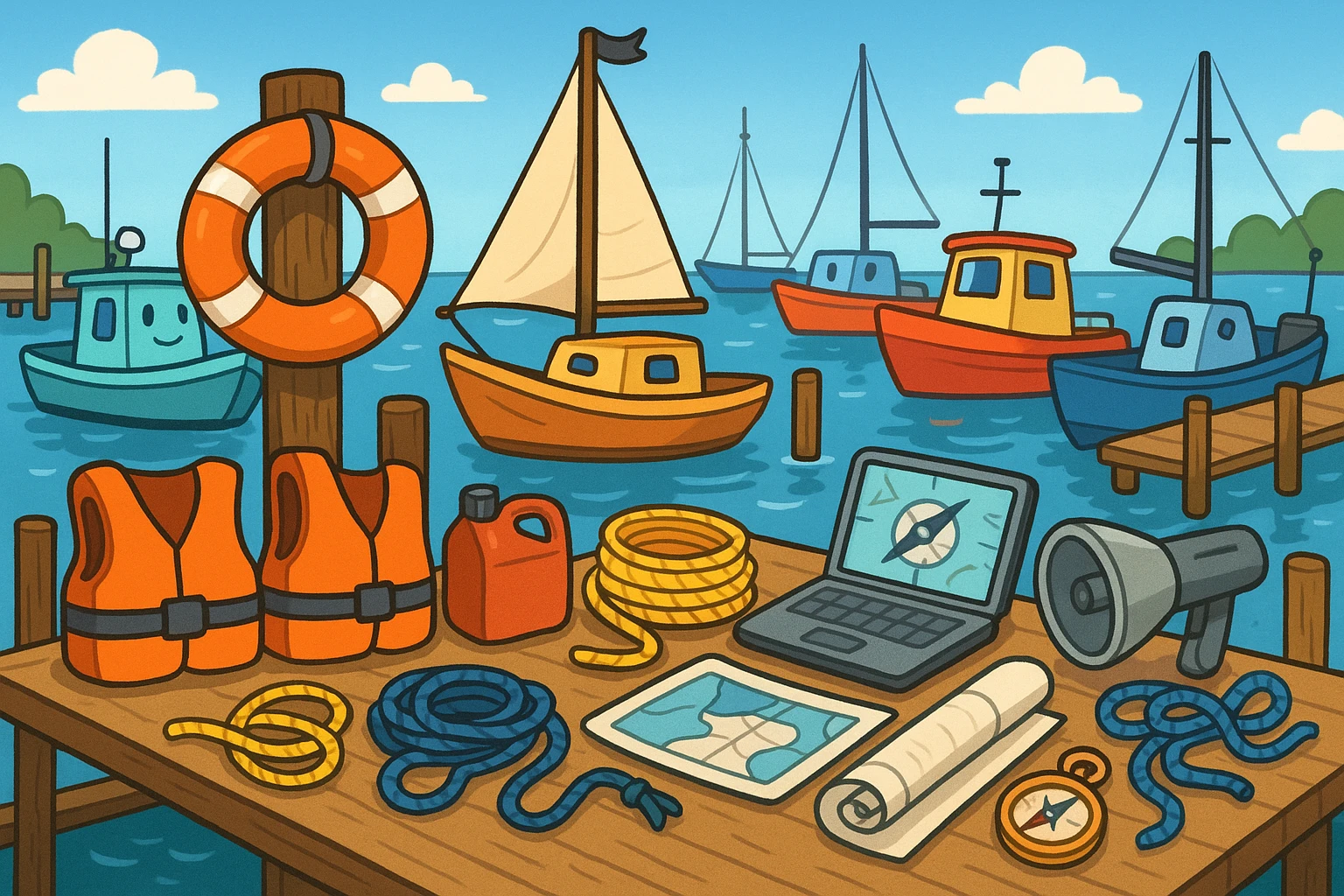 A vibrant marina scene with a variety of boats docked, showcasing an array of marine supplies like life jackets, ropes, and navigation equipment displayed on a nearby wooden pier under a clear blue sky.