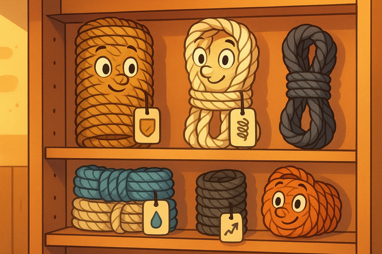A close-up of a well-organized marine supply store shelf displaying various high-quality ropes and mooring lines, with tags highlighting key features like durability and shock absorption, under warm indoor lighting.