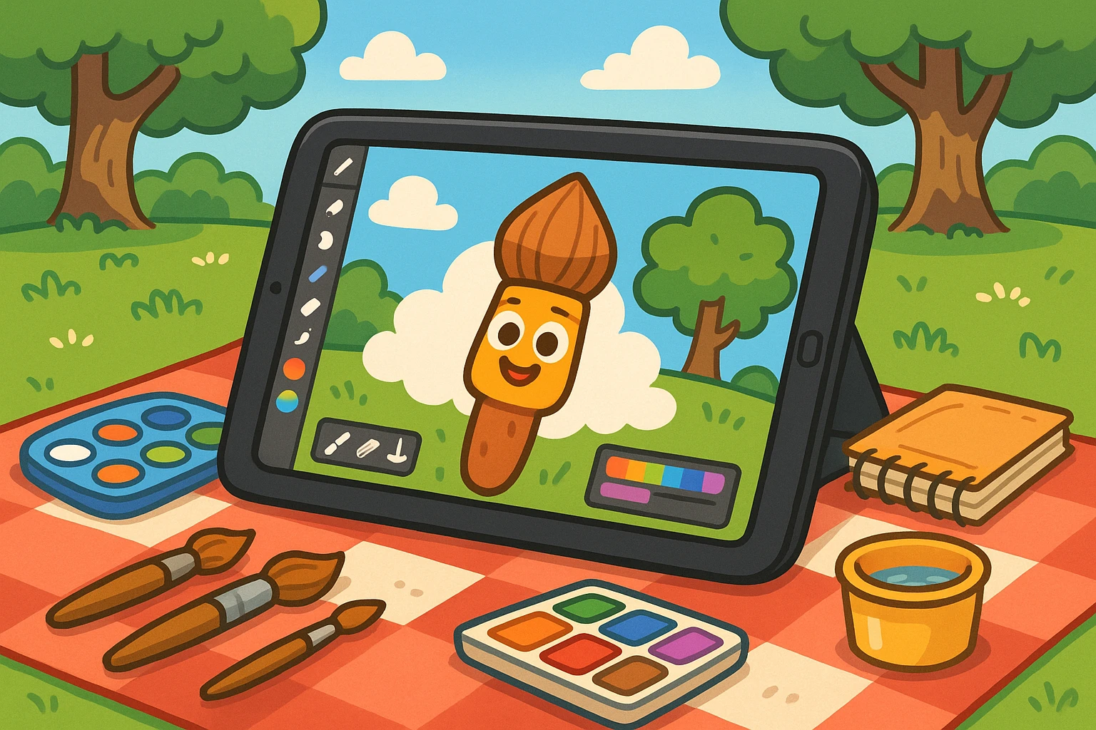 A close-up of a tablet with a digital art app displayed, nestled on a picnic blanket in a vibrant park, surrounded by art supplies like brushes, paints, and sketchbooks.