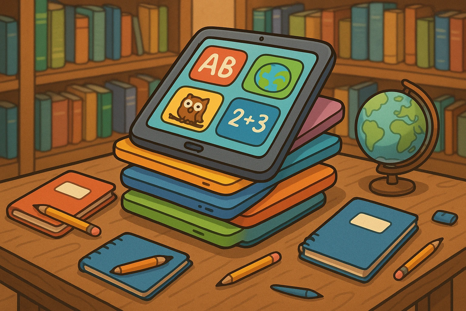 A stack of colorful digital tablets with educational apps displayed, placed on a wooden library table surrounded by scattered school supplies like notebooks, pencils, and a globe.
