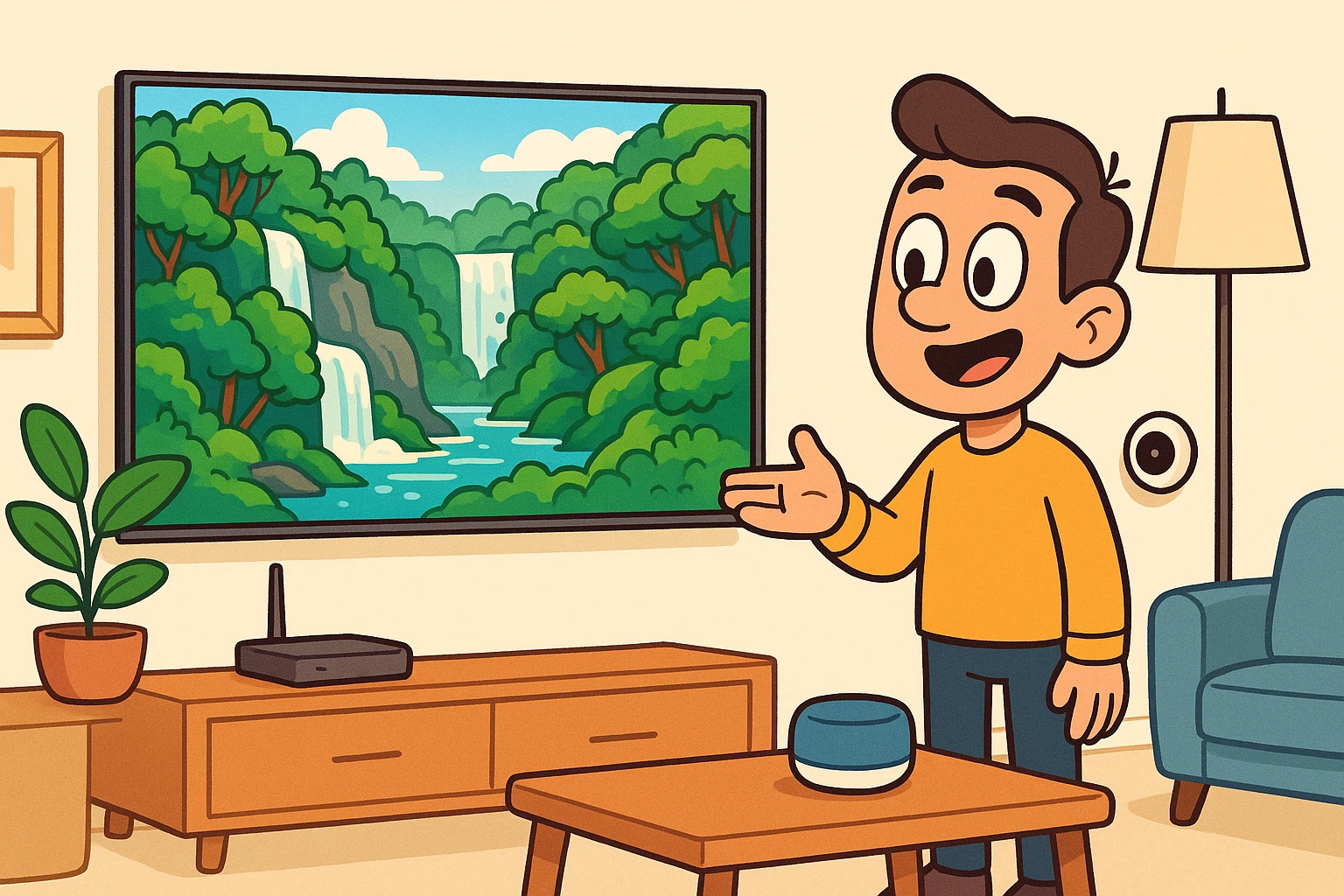 A sleek, ultra-thin television mounted on a modern living room wall, displaying a vibrant nature scene with lush forests and waterfalls, surrounded by minimalist decor and smart home devices.