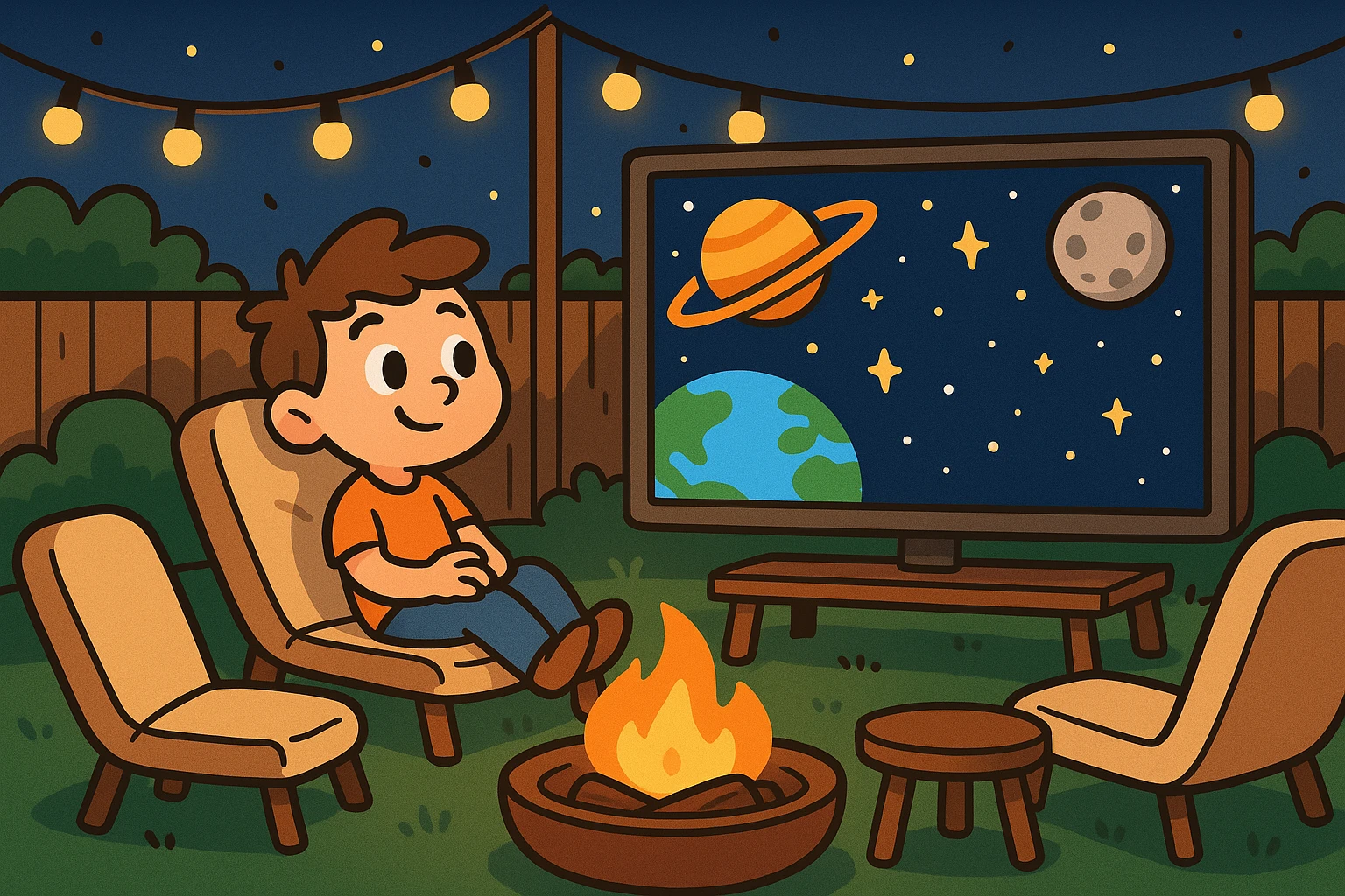 A cozy backyard setup with a large outdoor TV screen displaying a high-definition space documentary, surrounded by comfortable lounging chairs, string lights, and a fire pit illuminating the night sky.