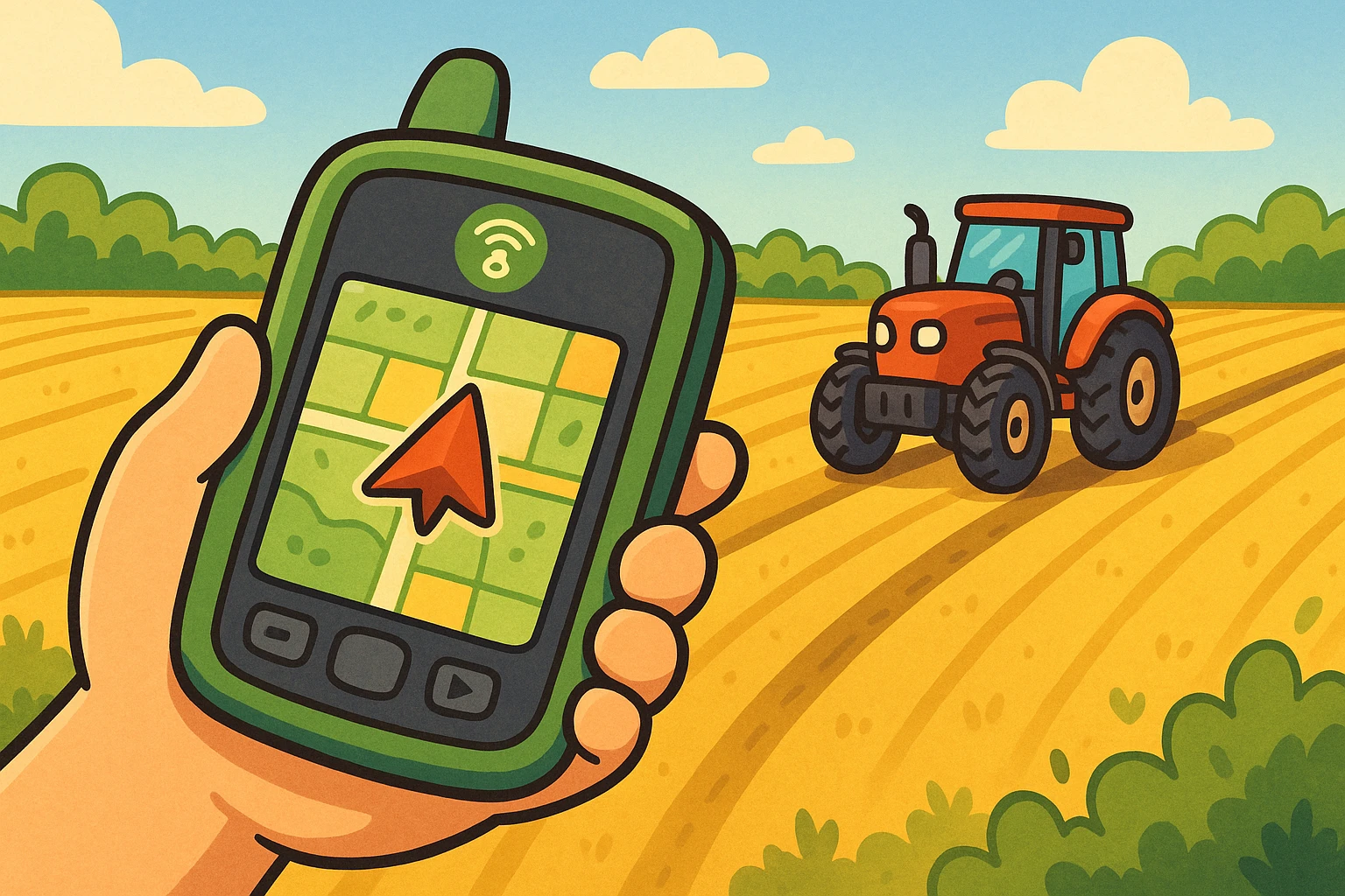 A hand holding a modern GPS device against the backdrop of an open field with a tractor in the distance, highlighting the role of GPS in precision farming.