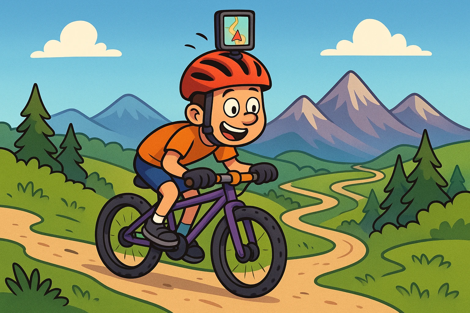 A cyclist with a helmet-mounted GPS navigating a winding mountain trail, with a clear blue sky and distant peaks in the background, emphasizing the real-time guidance provided by GPS technology in outdoor adventures.