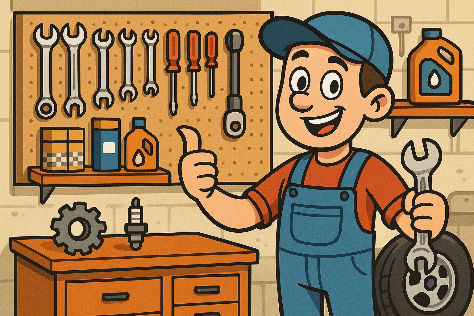 A well-organized garage workshop with an array of automotive tools neatly hung on a pegboard wall, including wrenches, screwdrivers, and a torque wrench, alongside shelves stocked with various car parts like spark plugs and oil filters, conveying a hands-on, practical environment.