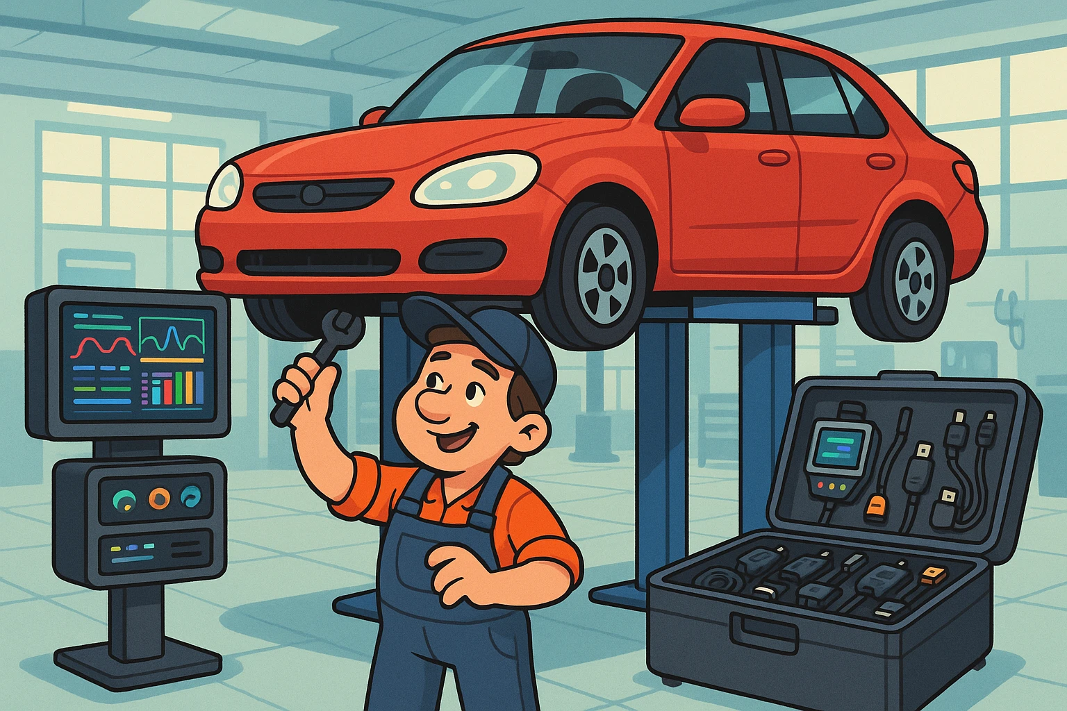 In a spacious modern auto workshop, a mechanic is under a car on a hydraulic lift, surrounded by high-tech diagnostic equipment with LED screens displaying data, while a sleek toolbox filled with specialized digital sensors and adapters sits nearby.
