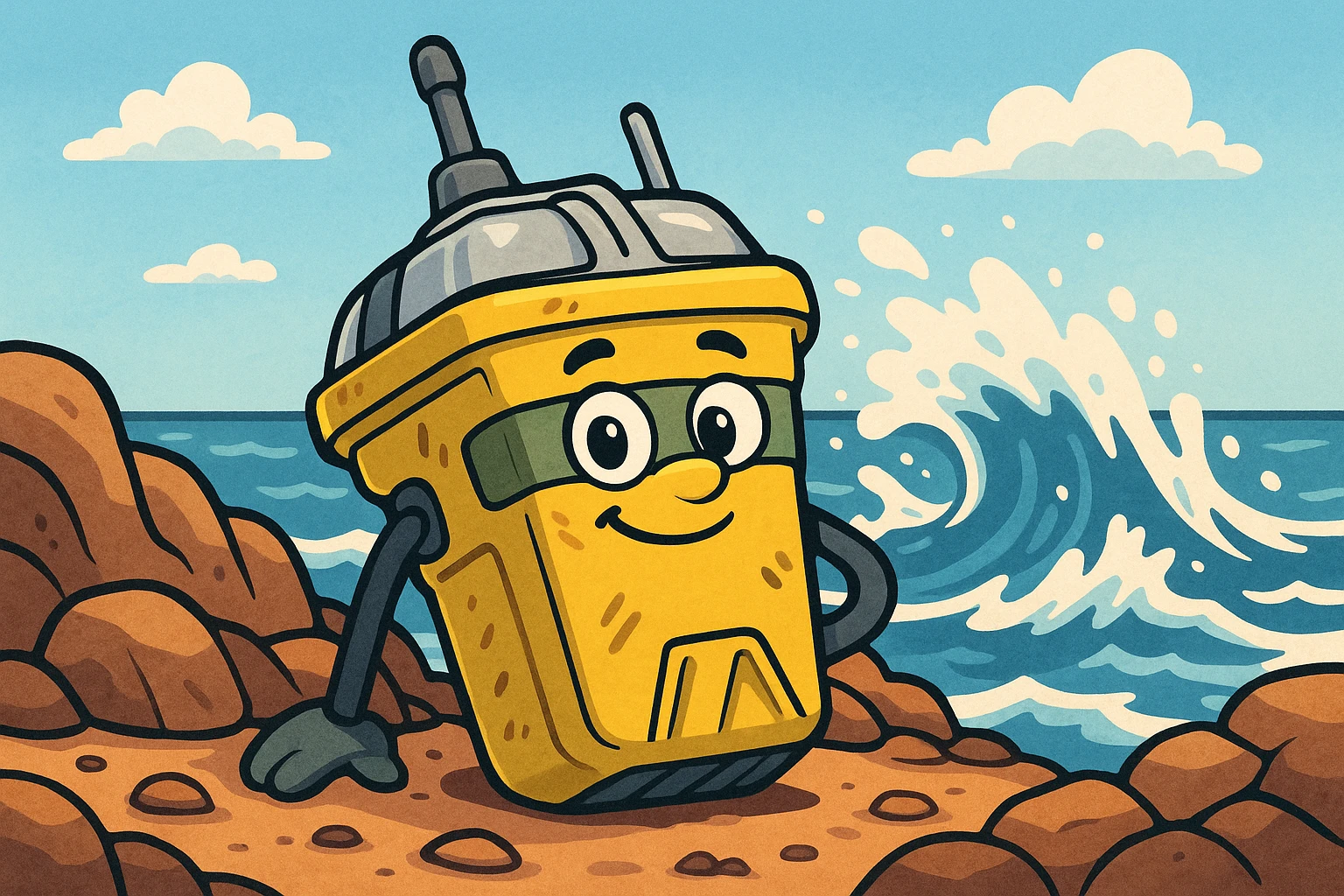 A rugged emergency beacon by ACR Electronics, resting on a rocky shoreline, with waves crashing in the background, showcasing its robust build and essential role in maritime safety.