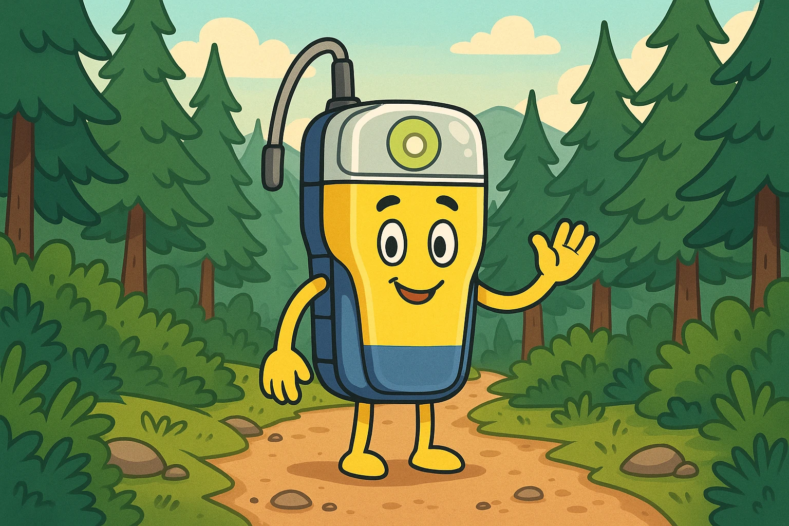 An ACR Electronics personal locator beacon (PLB) displayed on a mountain trail surrounded by dense forest, capturing its role in enhancing safety for hikers and outdoor adventurers.