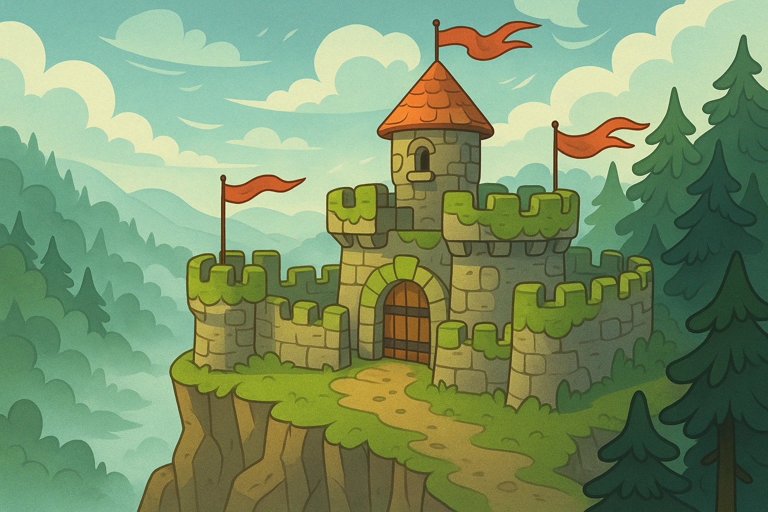 A stone fortress perched on a rugged cliffside, with moss-covered battlements overlooking a misty valley, surrounded by dense forest and unfurling banners fluttering in the brisk wind.