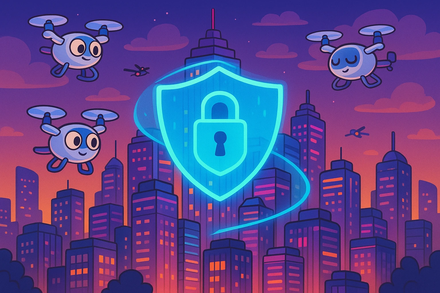 A futuristic cityscape at dusk with towering skyscrapers illuminated by neon lights, featuring a massive holographic shield symbolizing cybersecurity protection wrapping around the buildings, while drones patrol the sky above.