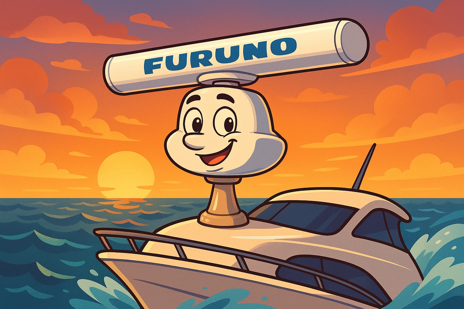 A close-up of a sleek Furuno marine radar mounted on a yacht, set against a backdrop of a vibrant sunset over the open ocean, with the yacht gracefully cutting through the waves.