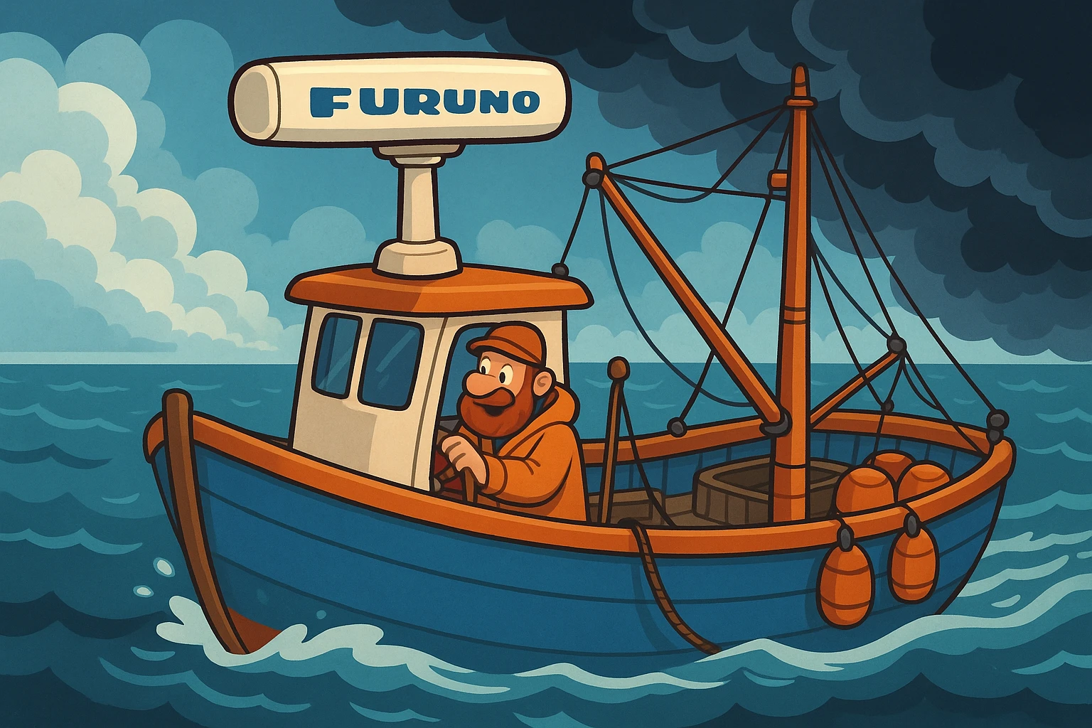 A commercial fishing vessel on the open sea, featuring a top-deck view highlighting the Furuno marine radar with stormy skies approaching, showcasing the equipment's robust build and readiness to tackle adverse weather.