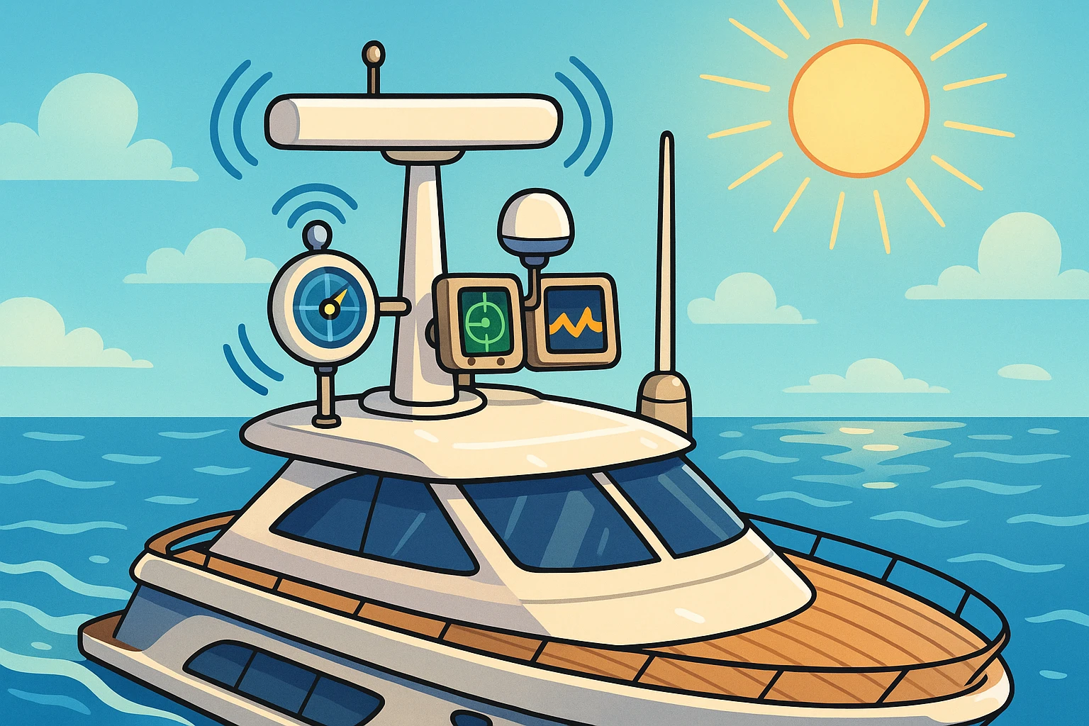 A sleek radar system on the deck of a modern yacht glistening under the sun, with an array of advanced GPS and sonar equipment in action as the yacht smoothly navigates through calm ocean waters.