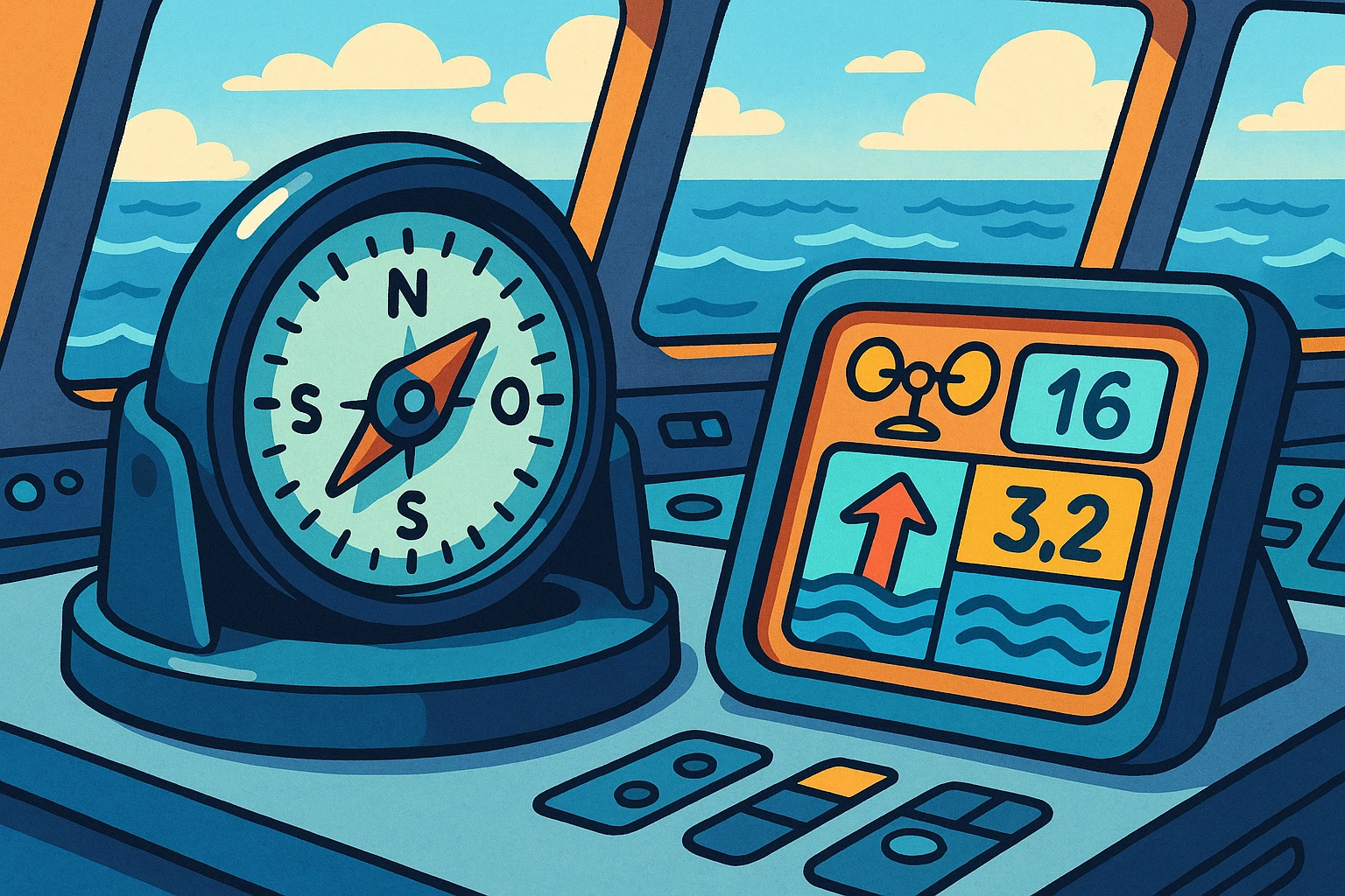 A close-up of a high-tech marine compass next to a digital control panel on a ship’s bridge, displaying vibrant digital readings of wind speed and sea currents, with the ocean visible through the windows in the background.