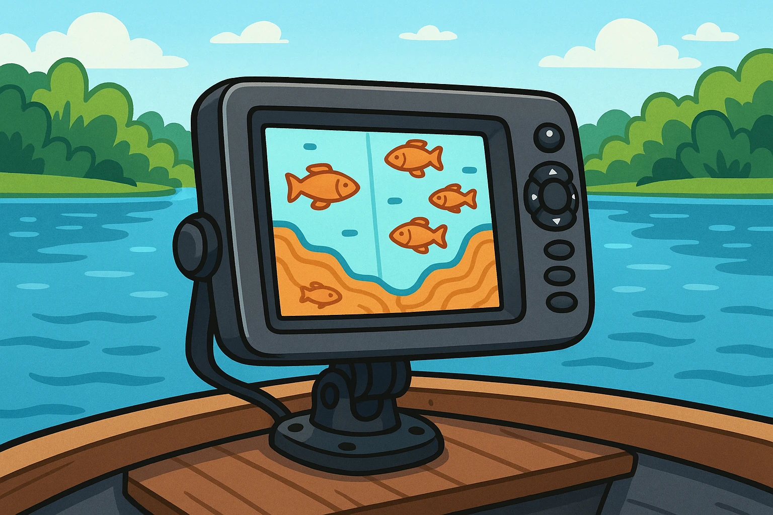 A sleek Humminbird sonar device is mounted on the deck of a fishing boat, displaying a detailed underwater map with fish icons, set against the backdrop of a serene lake surrounded by lush greenery.