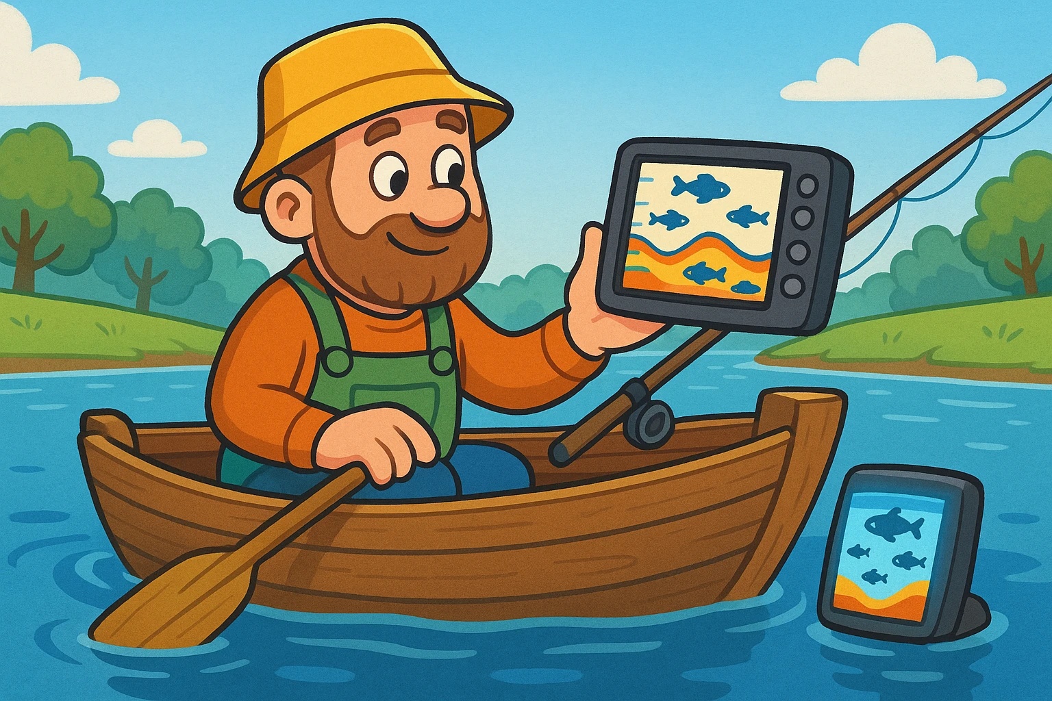 A fisherman in a small wooden boat on a calm river uses a portable Humminbird sonar device, its screen depicting an underwater topography rich with fish beneath the clear blue sky.