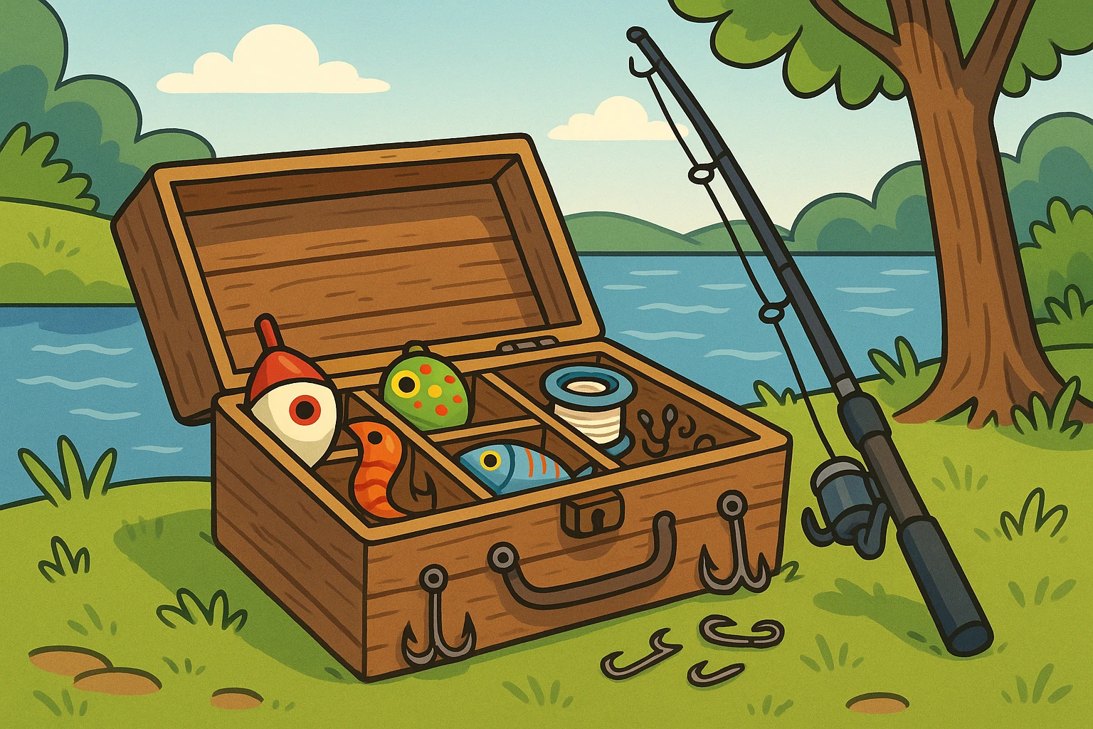 A rustic wooden tackle box open on the bank of a serene lake, displaying a variety of colorful fishing lures, hooks, and a spool of line, with a sleek graphite fishing rod leaning against a nearby tree.