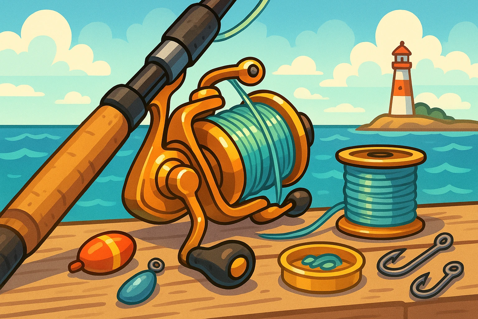 A close-up of a shiny, saltwater reel attached to a sturdy rod, resting on a weathered wooden dock with the ocean and a distant lighthouse in the background, surrounded by an assortment of tackle and braided fishing line.