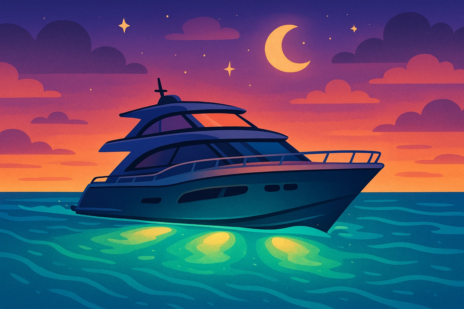 A sleek yacht gliding through turquoise waters at dusk, illuminated by vibrant underwater LED lights from Lumishore, casting a mesmerizing glow beneath the surface.