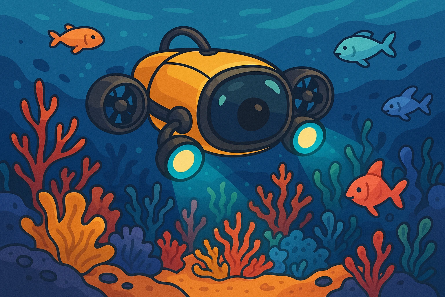 A close-up of a sleek underwater drone equipped with Lumishore's advanced LED lights, illuminating a vivid coral reef surrounded by marine life, showcasing the technology's vibrant and energy-efficient capabilities.
