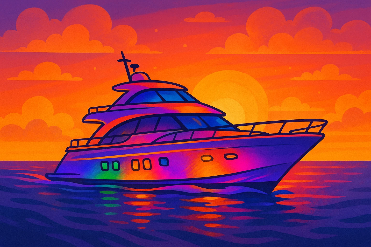 A sleek yacht cruising at sunset, highlighted by Lumitec's advanced LED lighting, casting vibrant hues across the water and illuminating the ship's elegant architecture.