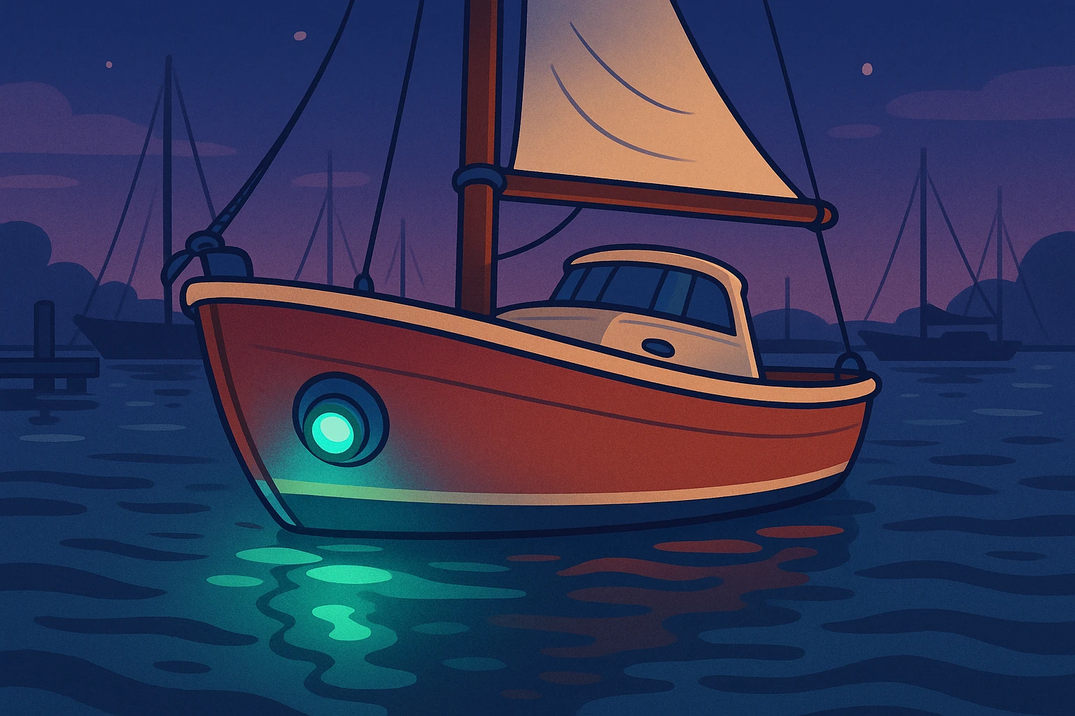 A close-up of Lumitec marine LED lights installed on the hull of a sailboat, casting a soft glow in blues and greens against the dark ocean water, with the boat anchored in a peaceful marina at twilight.
