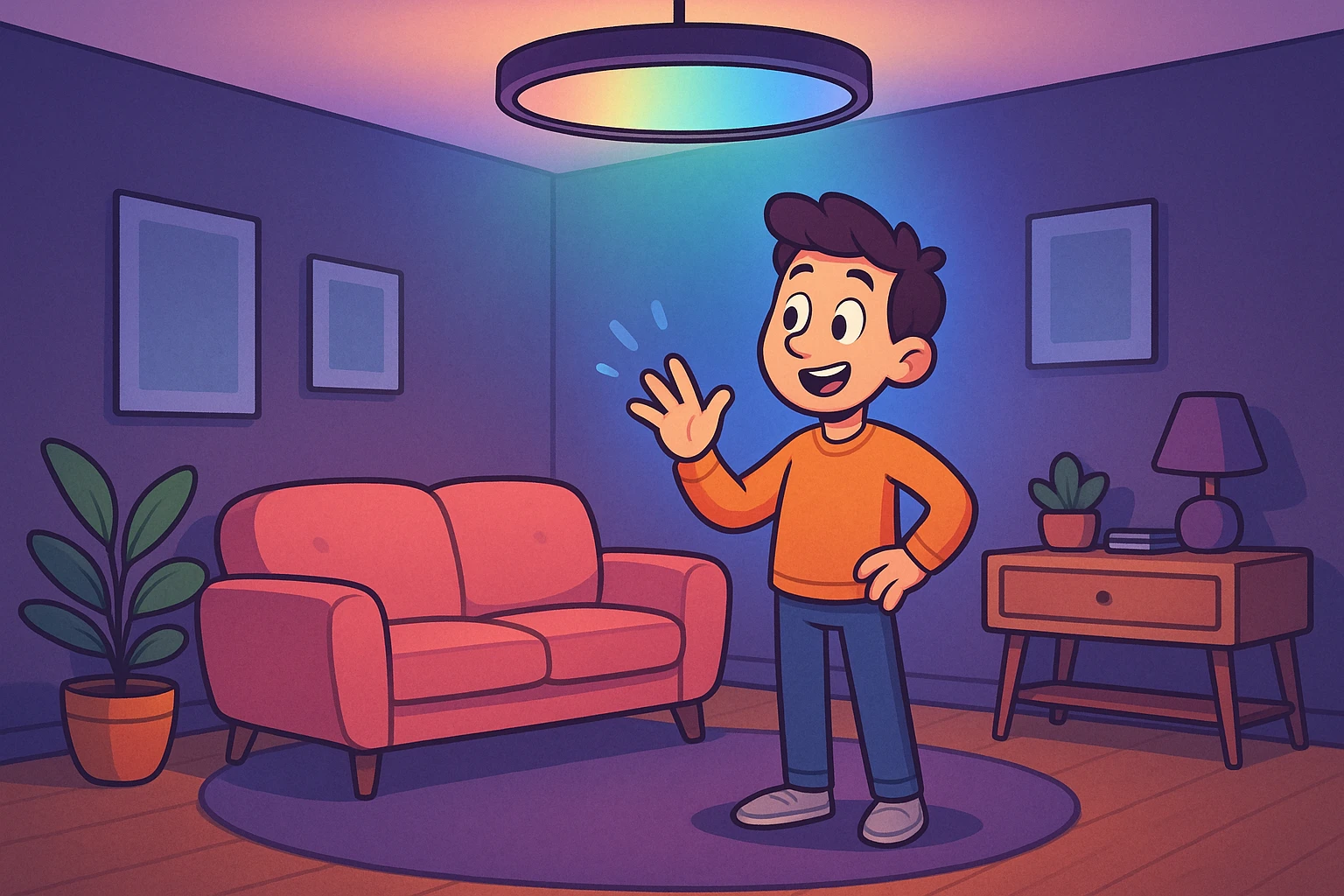 A sleek, modern living room with a smart lighting fixture hanging from the ceiling, casting customizable ambient light that automatically changes colors and brightness in response to the user's presence and mood, highlighting the room's minimalist decor and plush furnishings.