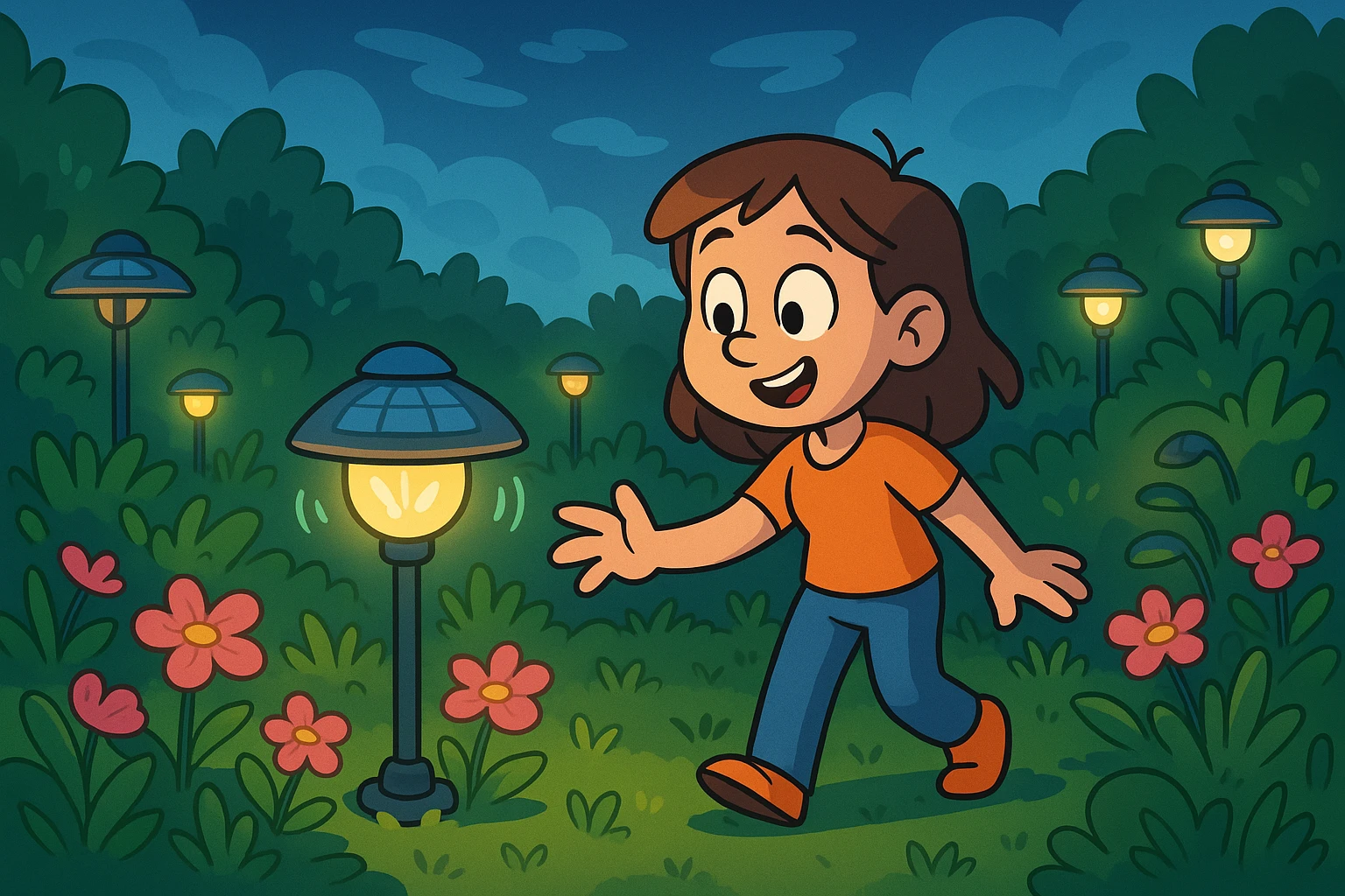 A futuristic outdoor garden illuminated by smart solar-powered lanterns embedded with sensors, which automatically adjust brightness based on environmental light levels and energy efficiency, casting subtle, adaptive glows among blooming flowers and lush greenery.