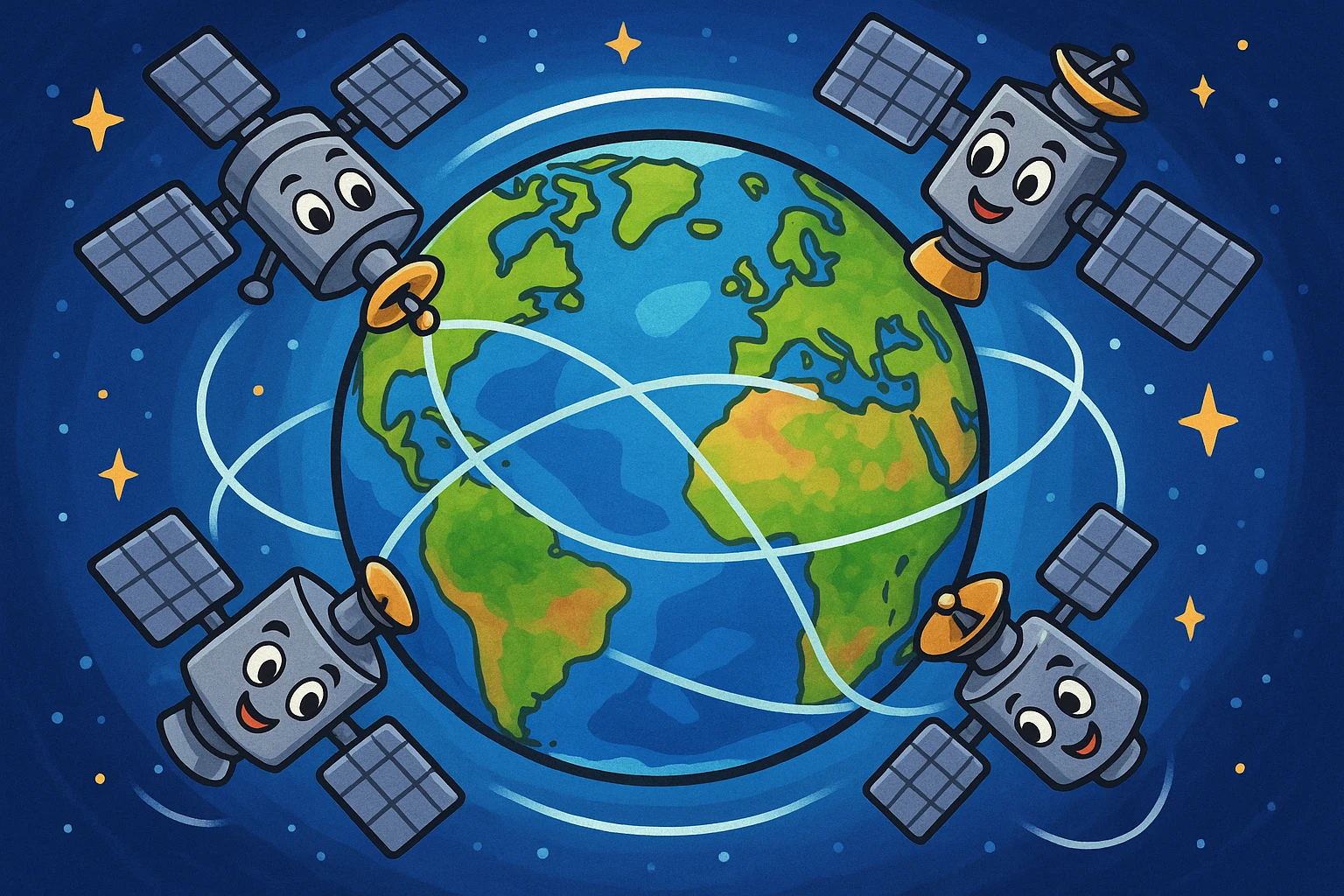 A network of gleaming satellites orbiting above a colorful map of the Earth, with lines connecting various continents, illustrating the global reach and precision of GPS technology.