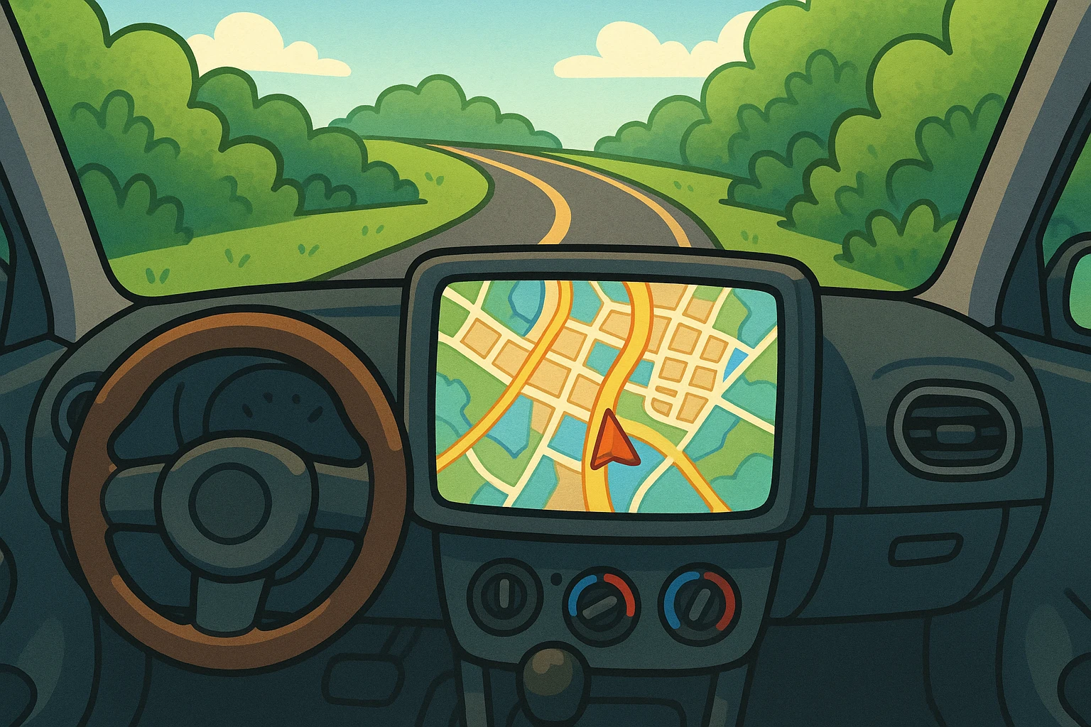 A close-up of a car dashboard featuring an illuminated GPS device, displaying a detailed city map, with a winding road ahead seen through the windshield, surrounded by lush greenery.