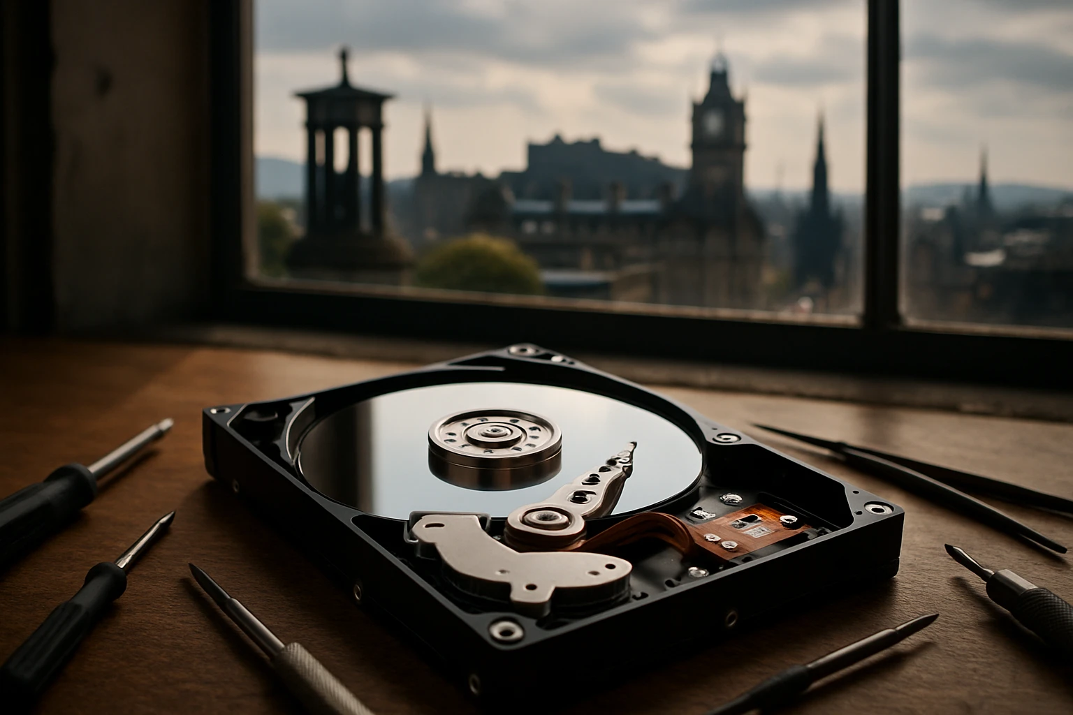 A close-up of a hard drive opened on a workbench with precision tools scattered around, set against the backdrop of Edinburgh’s iconic skyline seen through a workshop window.