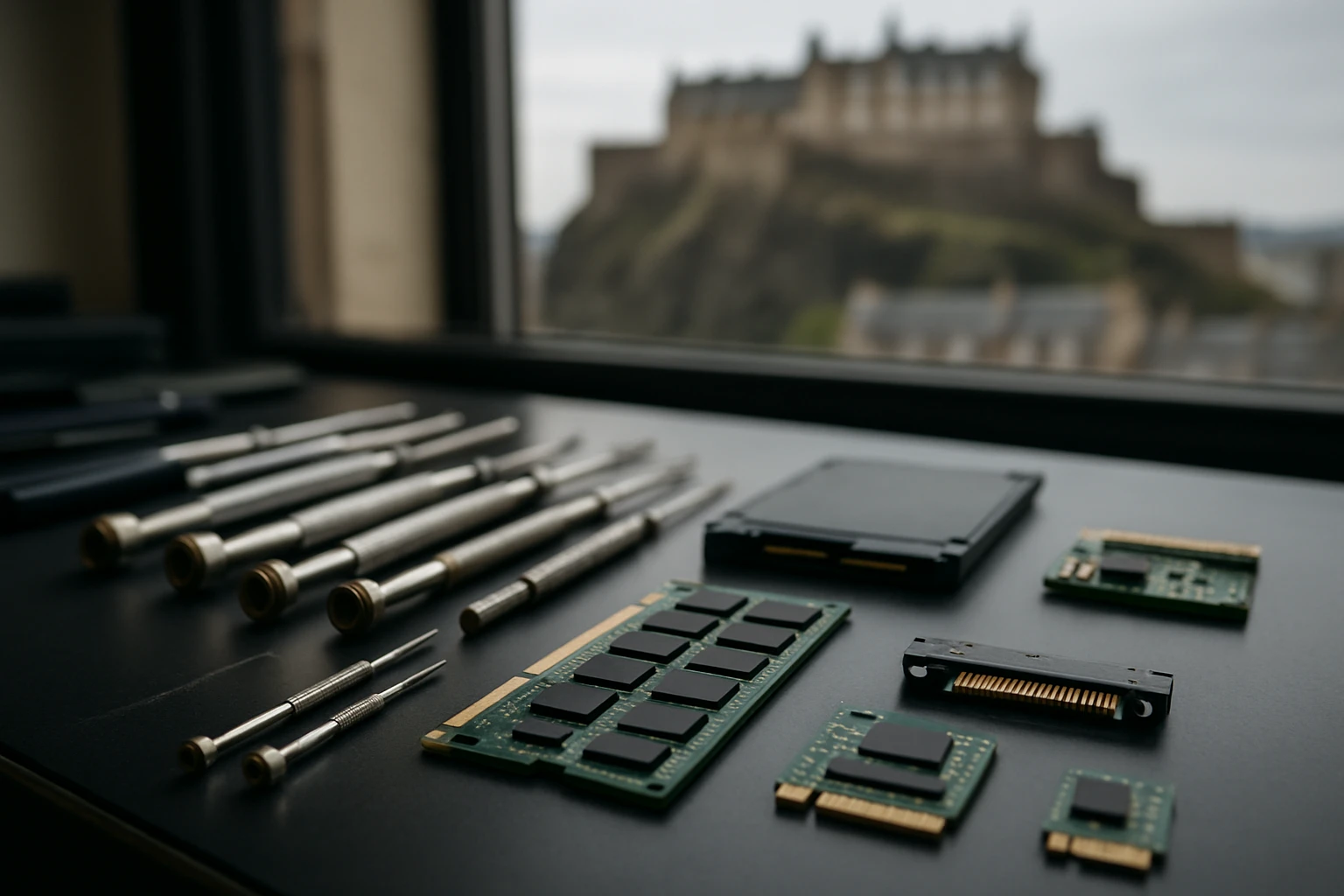 A detailed close-up of various data recovery tools like small screwdrivers, memory chips, and connectors laid out on a technician's table, with Edinburgh's historic castle visible through a nearby window.