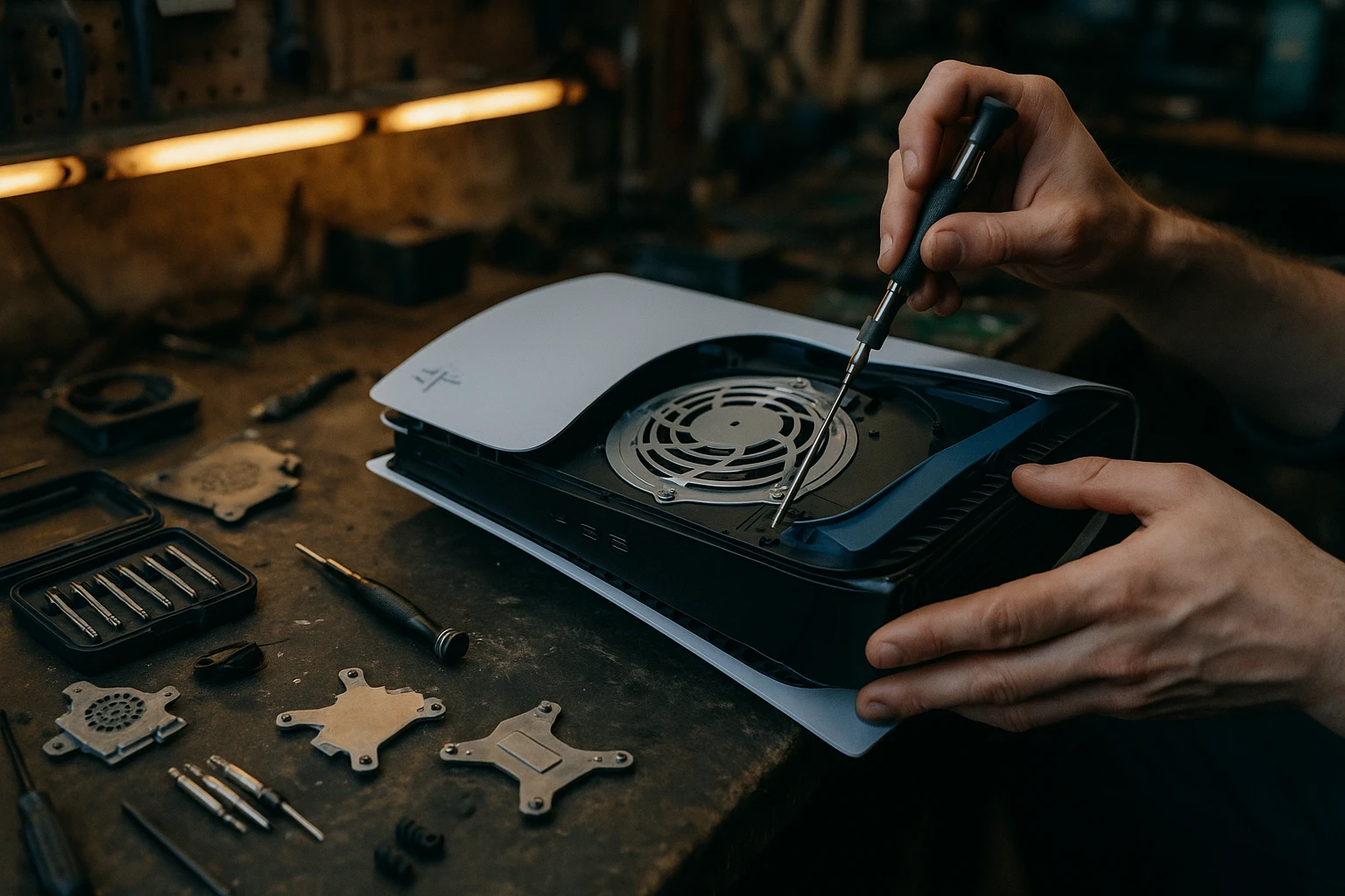 A close-up of a PlayStation 5 console being opened with precision tools on a workbench, surrounded by spare parts and LED lights in a small, cluttered repair shop in Edinburgh.