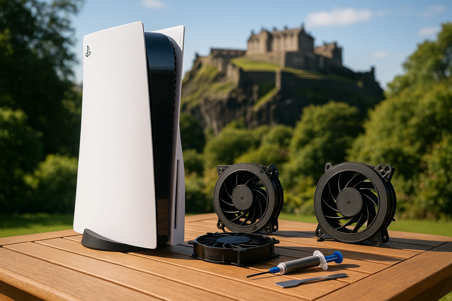 A PlayStation 5 console sitting on a sunny garden table, with Edinburgh Castle visible in the background, surrounded by cooling fans and a thermal paste kit, emphasizing an outdoor repair scenario.