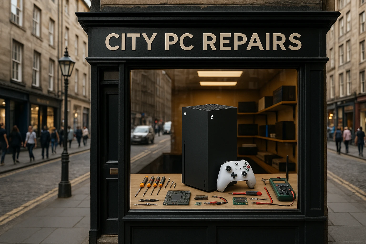In a bustling Edinburgh city street, a bright storefront displays the