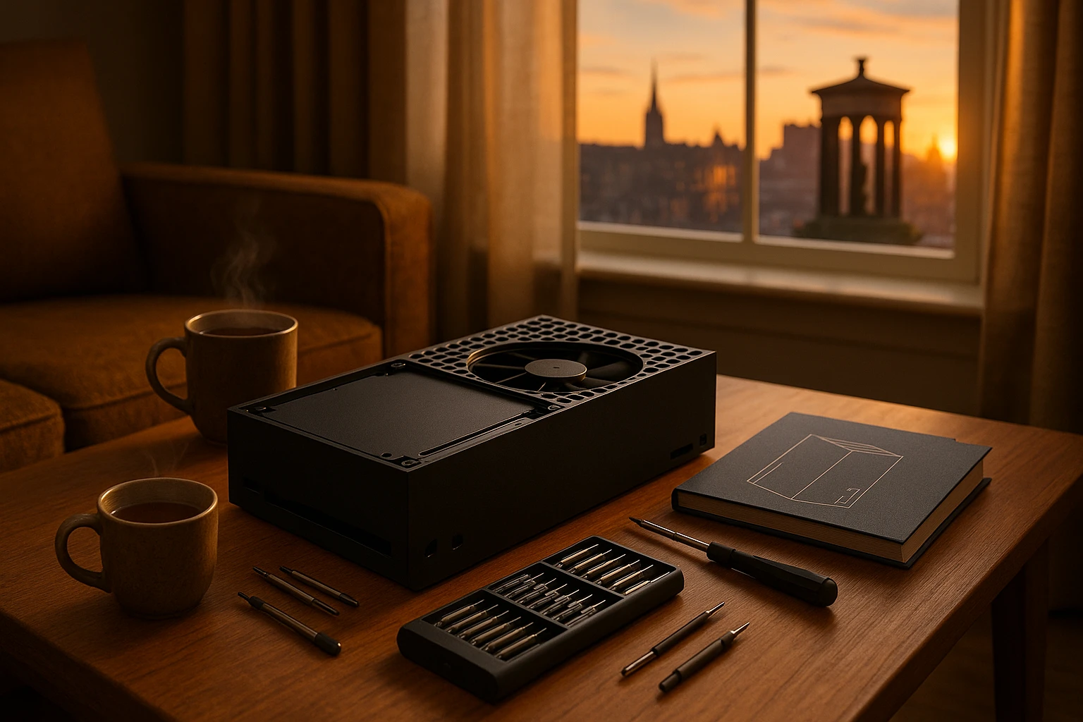 In a cozy living room filled with warm light, an Xbox Series X lies open on a wooden coffee table surrounded by precision tools and a City PC Repairs manual, with a steaming cup of tea nearby and a window showing an iconic Edinburgh skyline in the background.