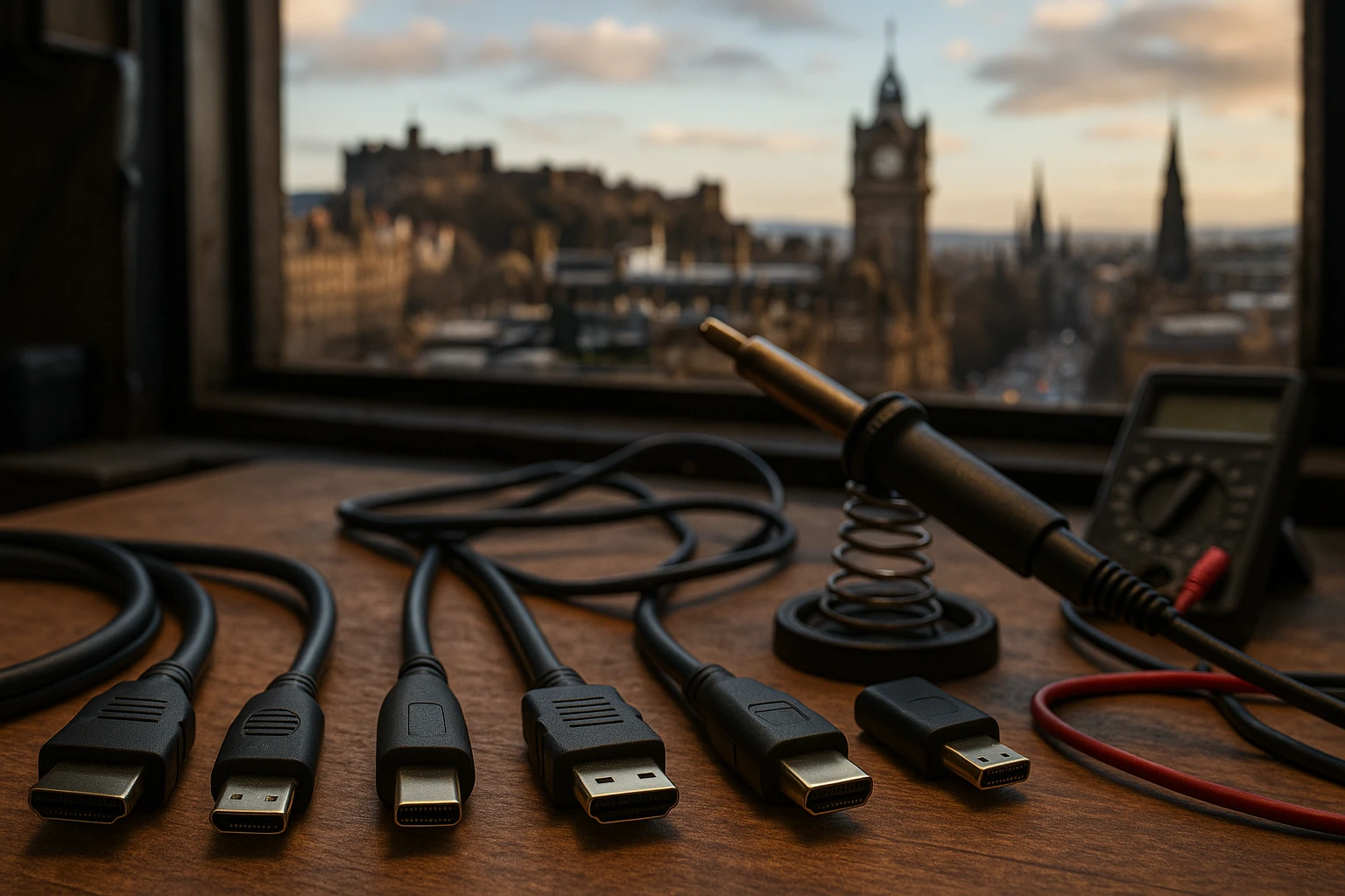 A close-up of various HDMI cables and connectors laid out on a workbench with tools like a soldering iron and multimeter, set against the backdrop of an Edinburgh skyline through a workshop window.