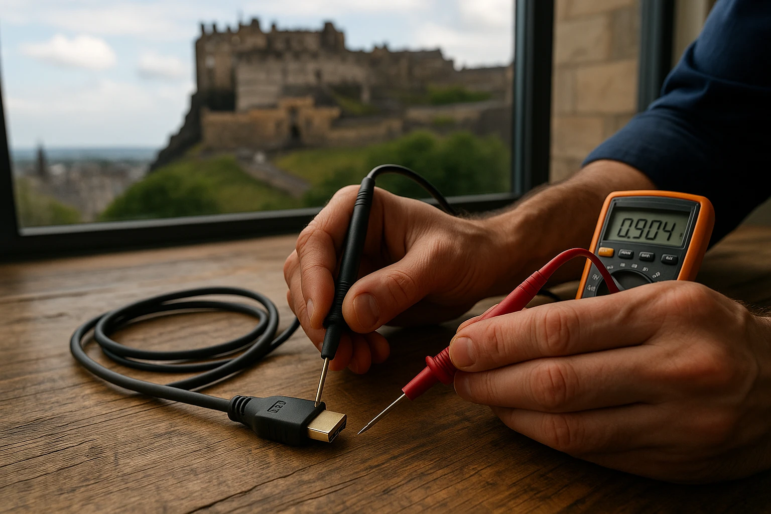A technician's hands using a multimeter to test an HDMI cable on a rustic wooden table, with Edinburgh Castle visible in the background through a large window.