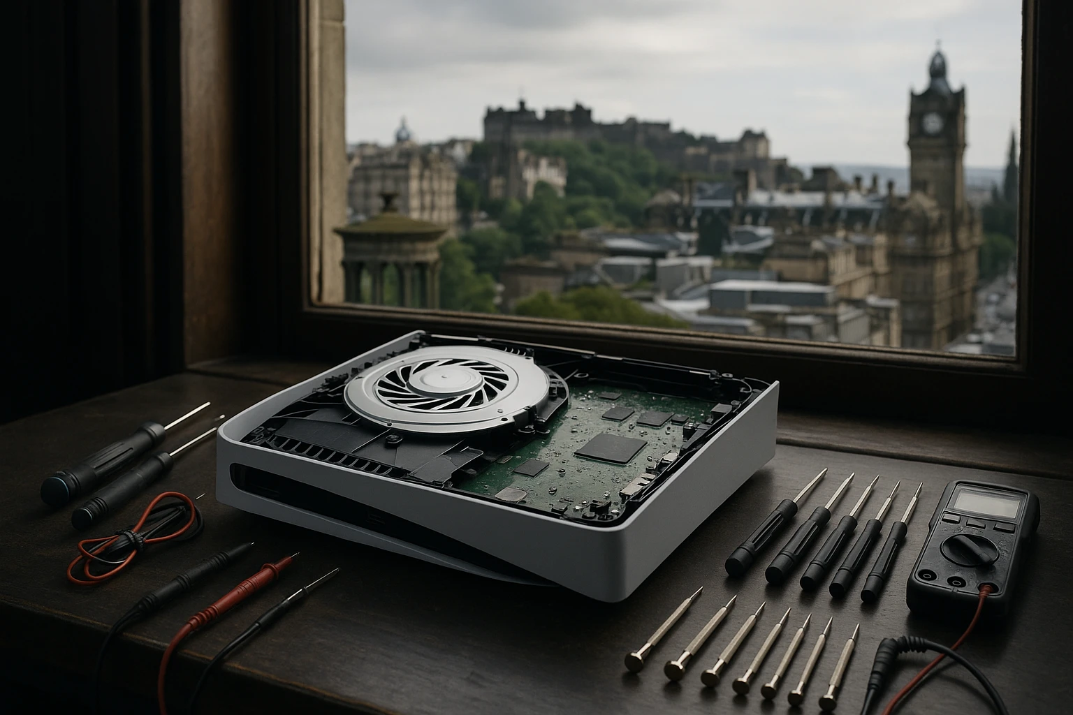 A close-up of a disassembled PlayStation 5 on a workbench, surrounded by precision tools like screwdrivers and circuit testers, with the Edinburgh skyline visible through a nearby window.