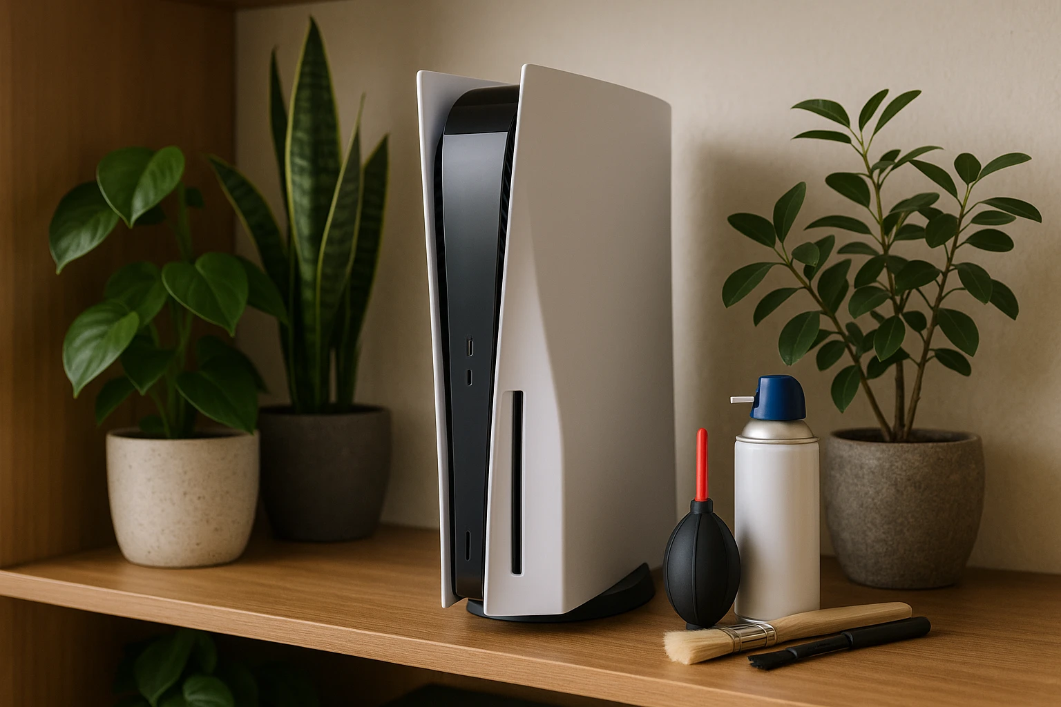 A PlayStation 5 standing vertically on a wooden shelf surrounded by decorative plants, with a small set of cleaning brushes and canned air nearby, highlighting a clean and stylish home setup.