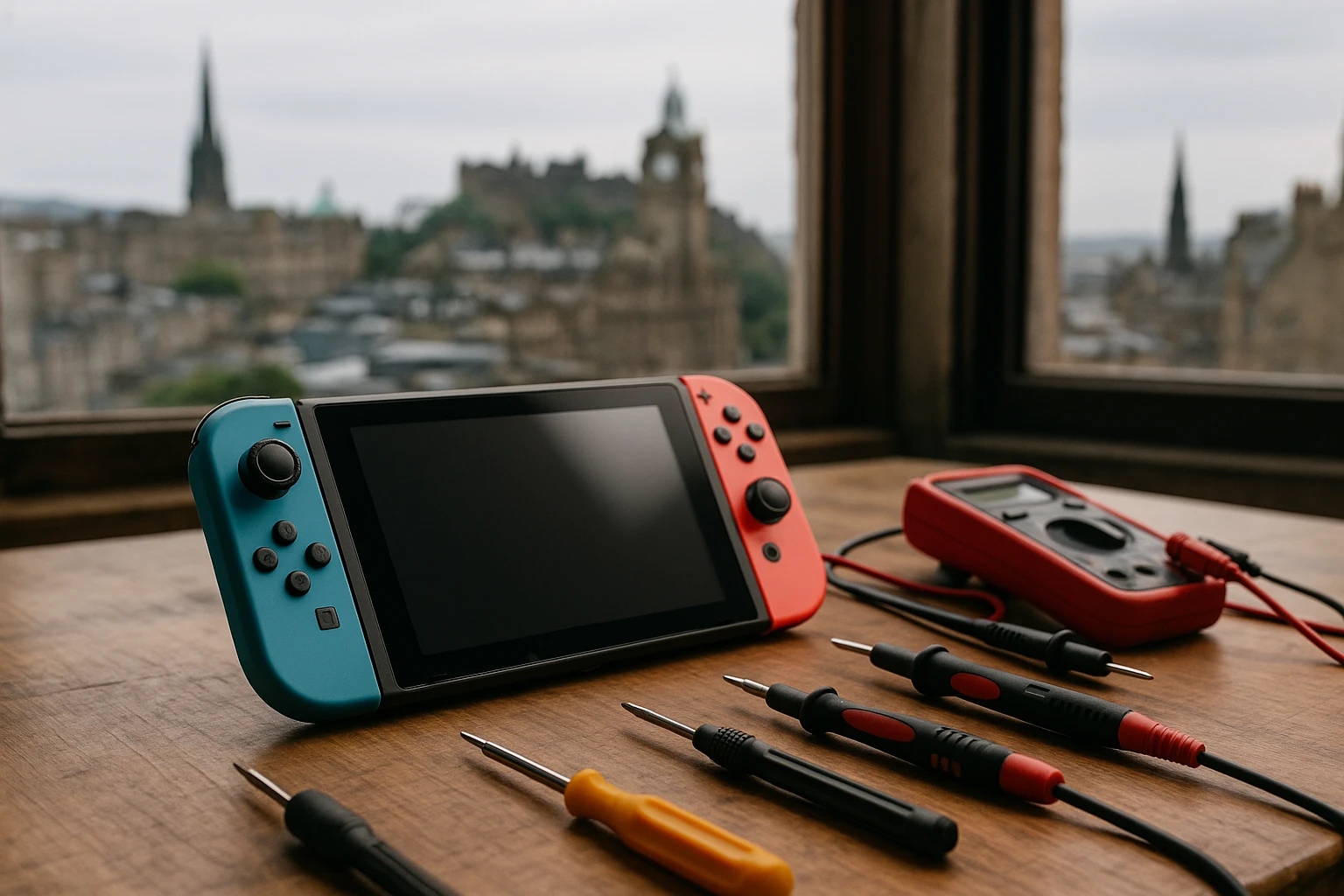 A close-up of a Nintendo Switch with tools like screwdrivers and a multimeter laid out on a wooden workbench, set against the backdrop of Edinburgh’s historic architecture visible through a nearby window.