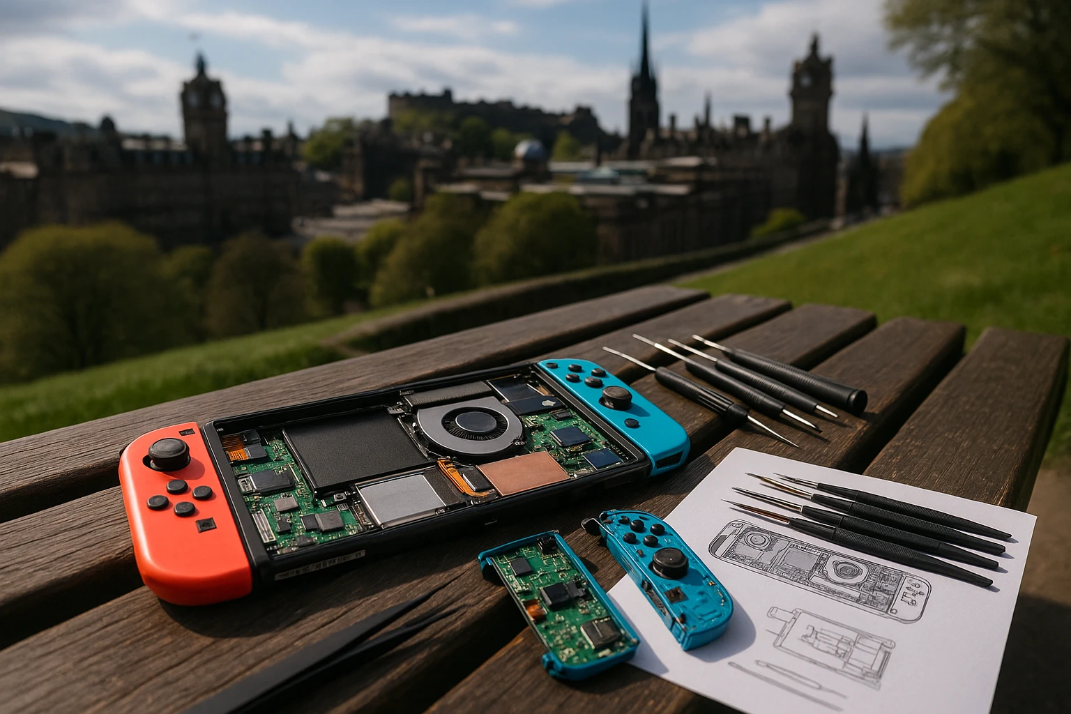A Nintendo Switch console opened up on a park bench with the iconic Edinburgh skyline in the background, surrounded by repair tools such as precision screwdrivers and tweezers, and a branded repair guide from City PC Repairs laid beside it.