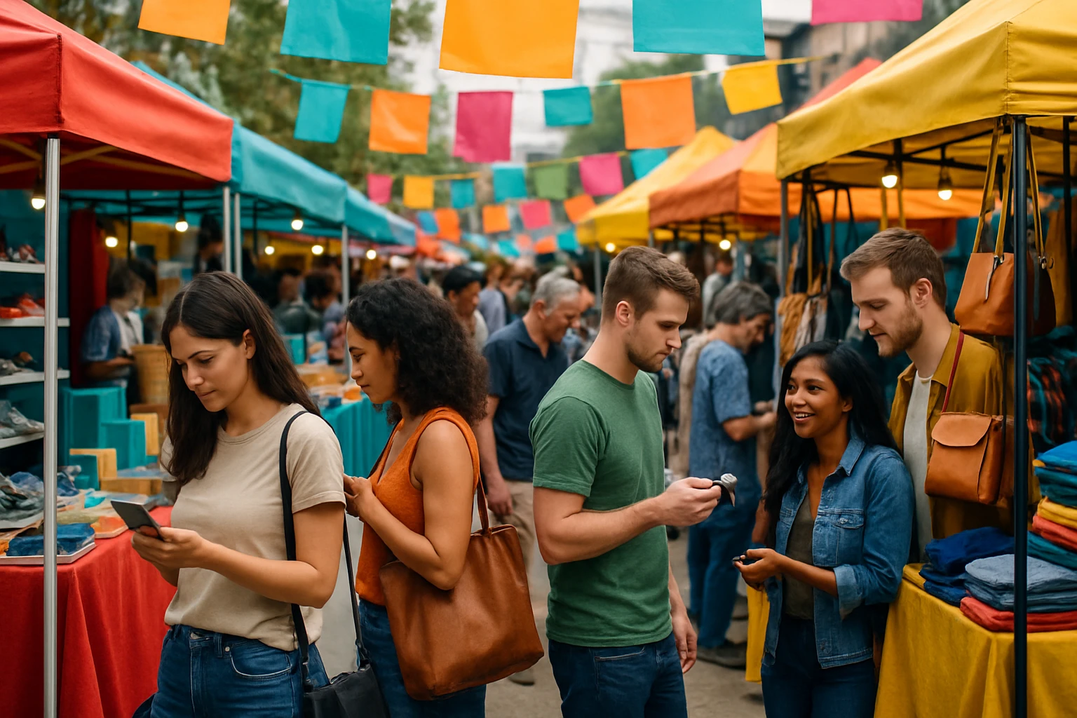 A bustling outdoor market scene with colorful stalls showcasing a variety of consumer products, bright signage of emerging online retail brands, and shoppers examining goods under fluttering banners displaying promotional offers.