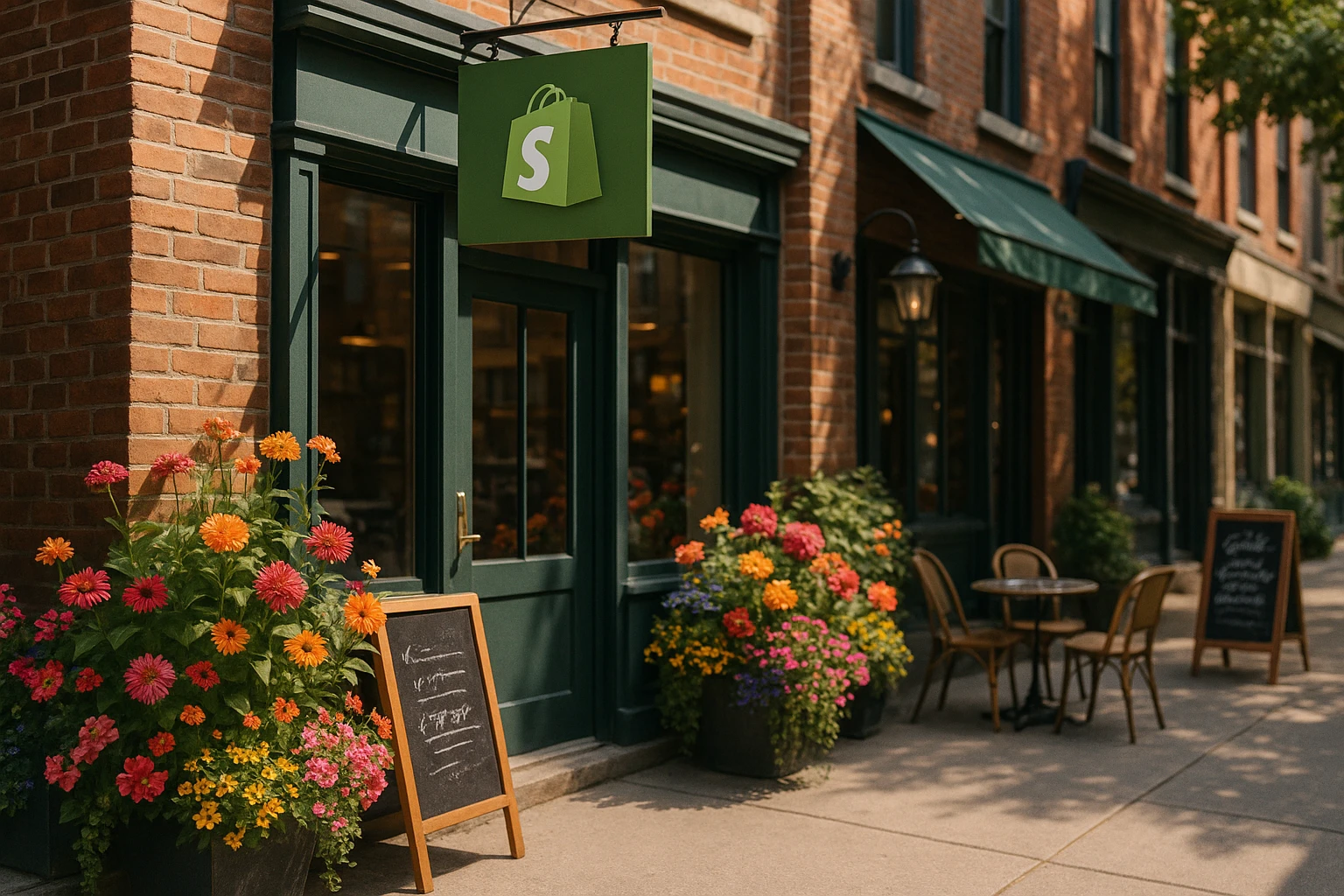 A vibrant street scene with a brick-and-mortar storefront displaying Shopify’s logo, surrounded by blooming flowers and a sidewalk café, inviting customers with chalkboard signs promoting tech-savvy support and unique shopping experiences.