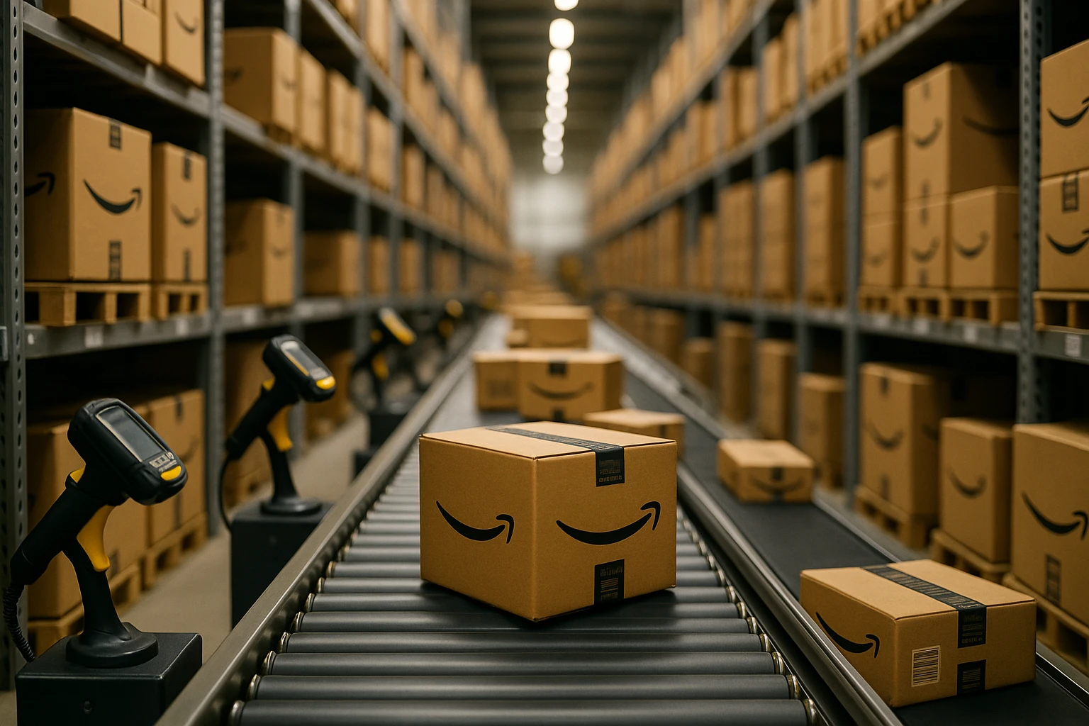 A close-up of a well-organized ecommerce warehouse aisle, featuring neatly stacked boxes with Amazon logos, barcode scanners, and conveyor belts in motion, all under bright lighting that highlights the efficiency and scale of modern logistics.